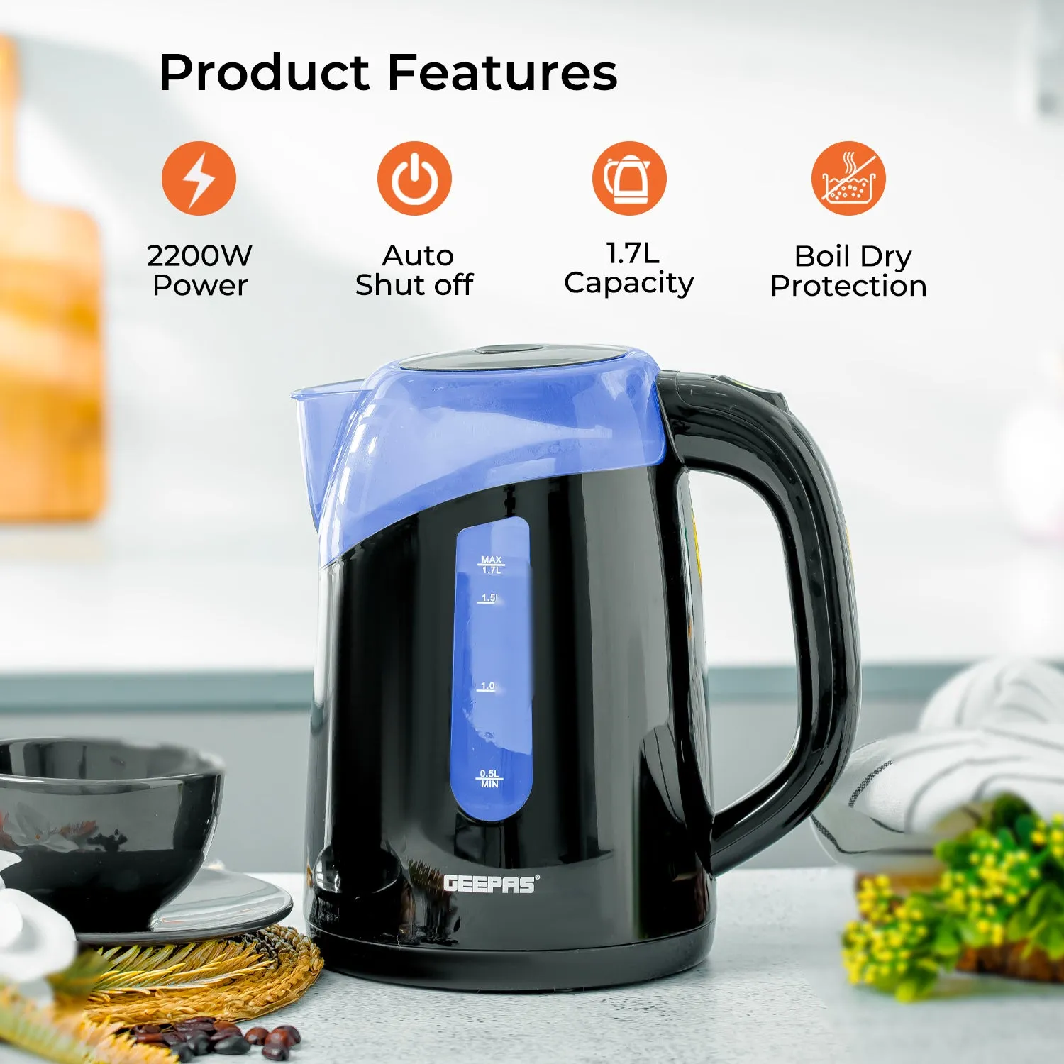 1.7L LED Illuminated Black Plastic Electric Kettle