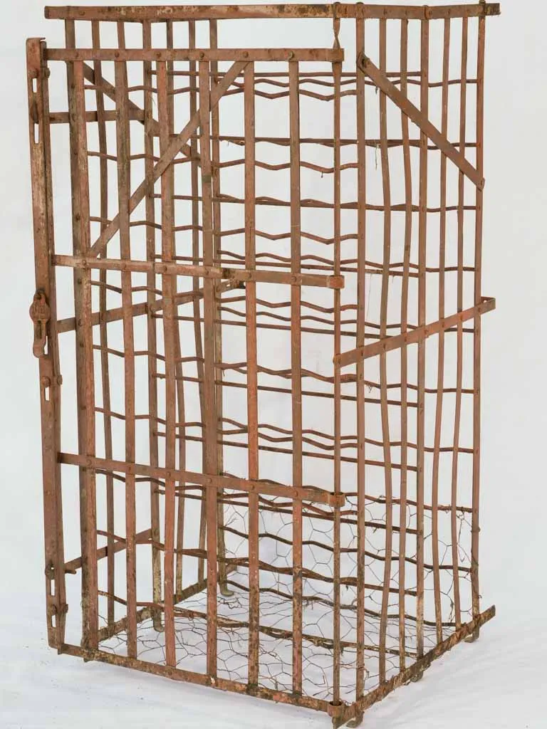19th-century French wall-mount iron wine storage cage - 72 bottles, 45" x 22"