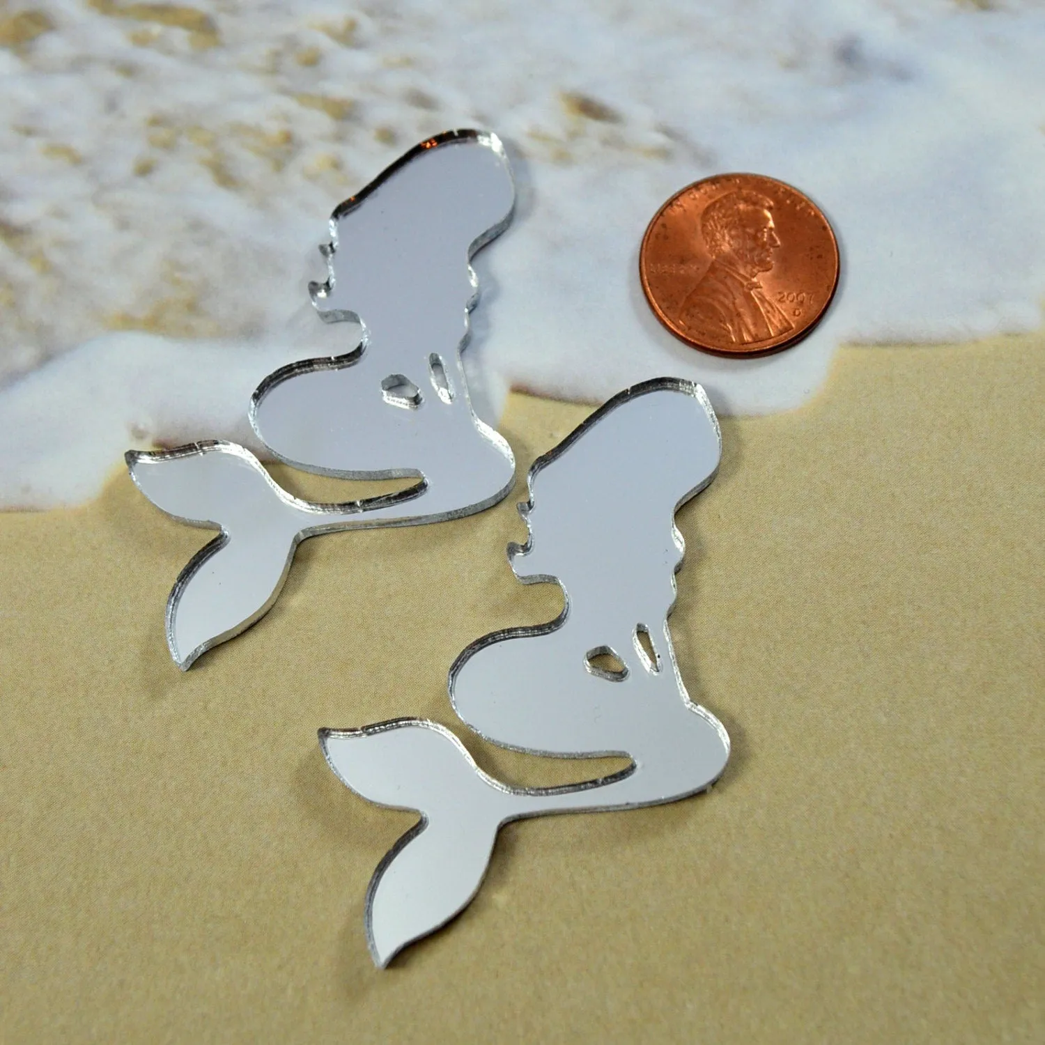 2 SILVER MIRROR MERMAIDS Set of 2 Laser Cut Acrylic Flat Back Cabochons