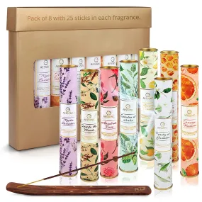 ABOUT SPACE Aessenc 8 Fragrance 200 Sticks (25 Sticks Each Fragrance) Incense Sticks / Agarbatti - Natural Aroma Handrolled Multi Fragrance Sticks with Wooden Holder for Pooja Meditation - 25x30x4 cm