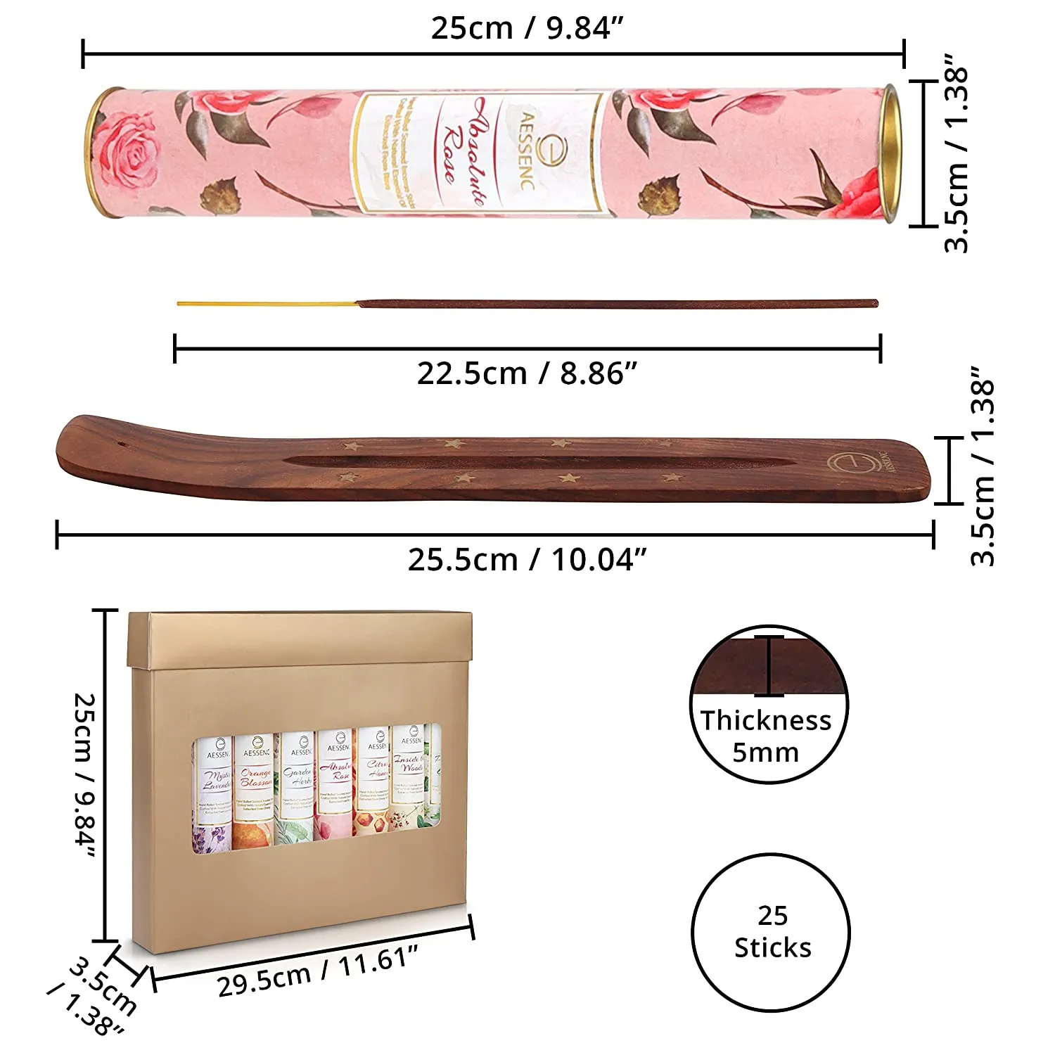 ABOUT SPACE Aessenc 8 Fragrance 200 Sticks (25 Sticks Each Fragrance) Incense Sticks / Agarbatti - Natural Aroma Handrolled Multi Fragrance Sticks with Wooden Holder for Pooja Meditation - 25x30x4 cm