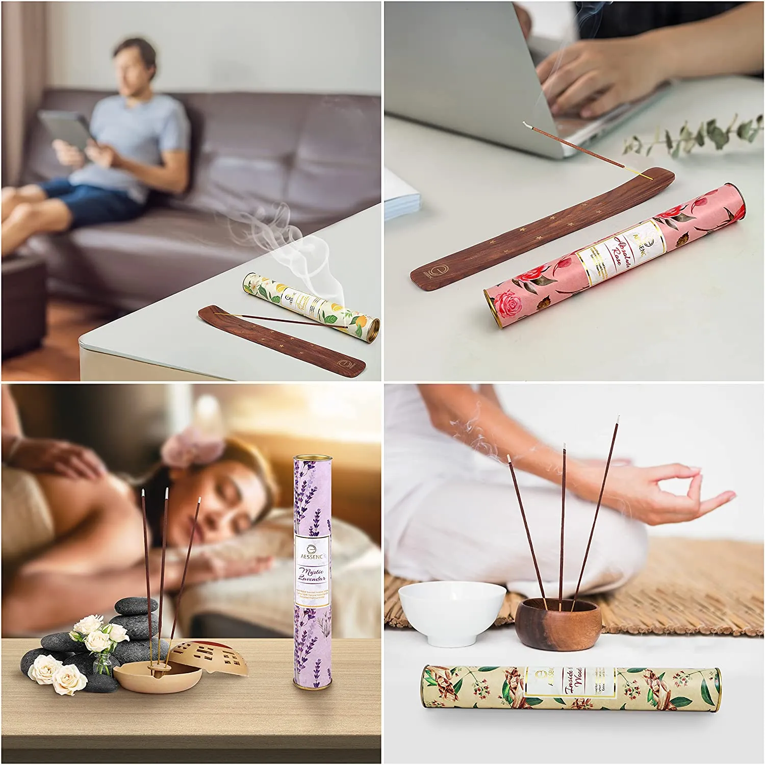 ABOUT SPACE Aessenc 8 Fragrance 200 Sticks (25 Sticks Each Fragrance) Incense Sticks / Agarbatti - Natural Aroma Handrolled Multi Fragrance Sticks with Wooden Holder for Pooja Meditation - 25x30x4 cm
