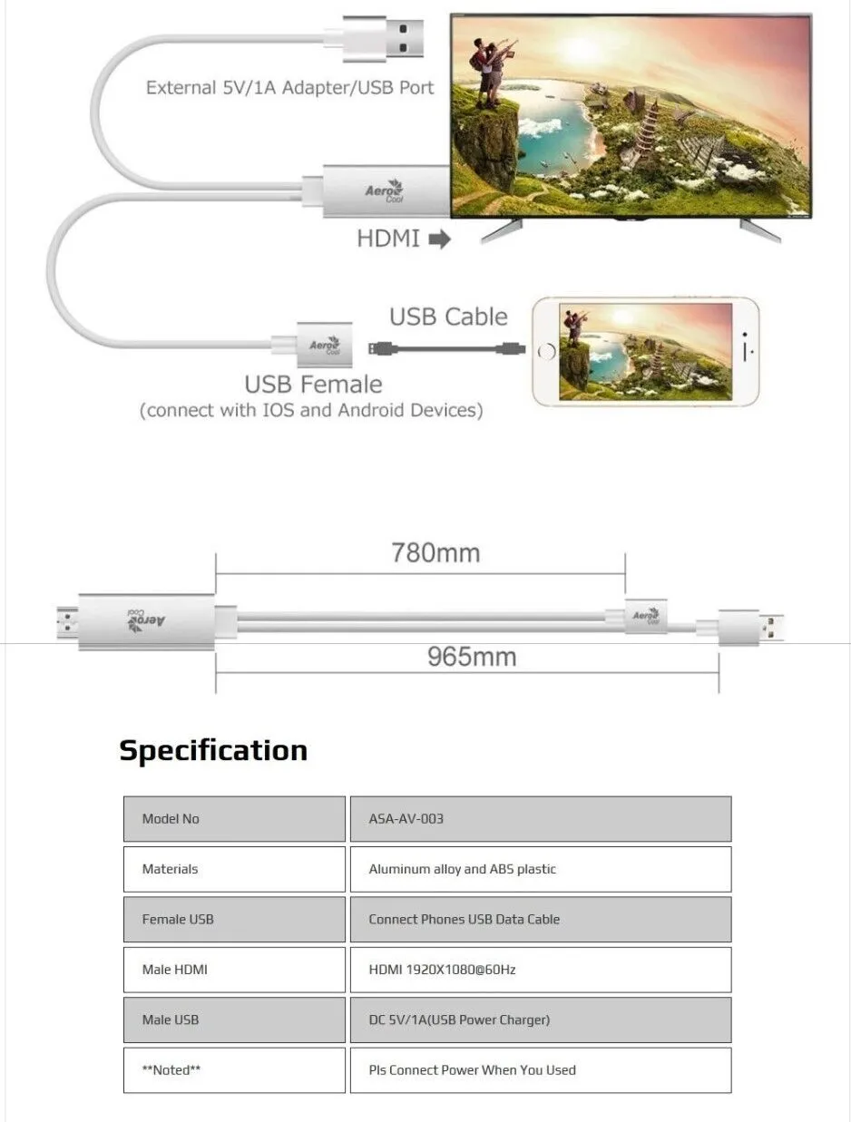 AeroCool Premium Universal USB HDMI TV Cable (Silver)
