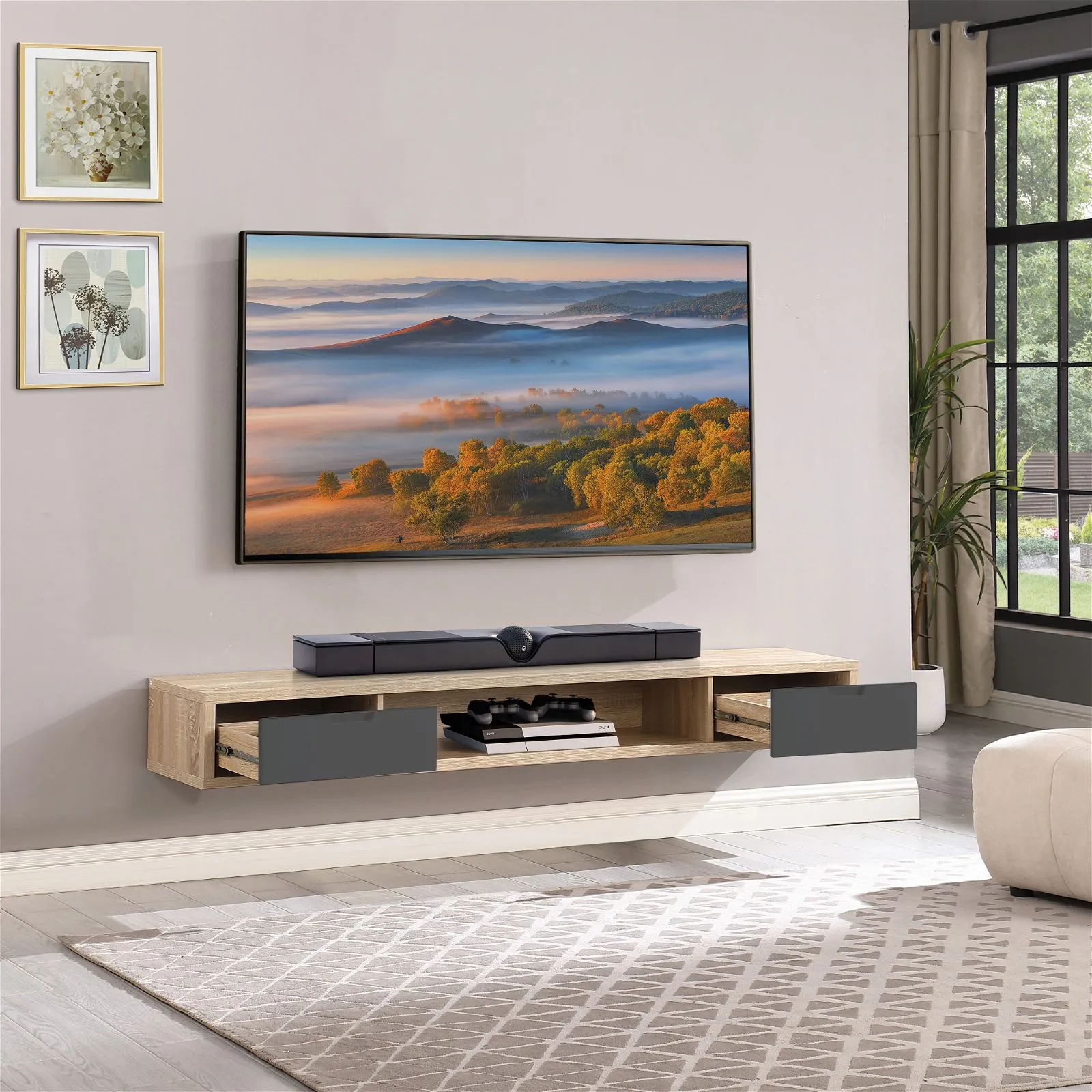 Air Entertainment Unit, Wall Mount, Entertainment Unit, 2000mm Oak with Grey Drawers by Criterion