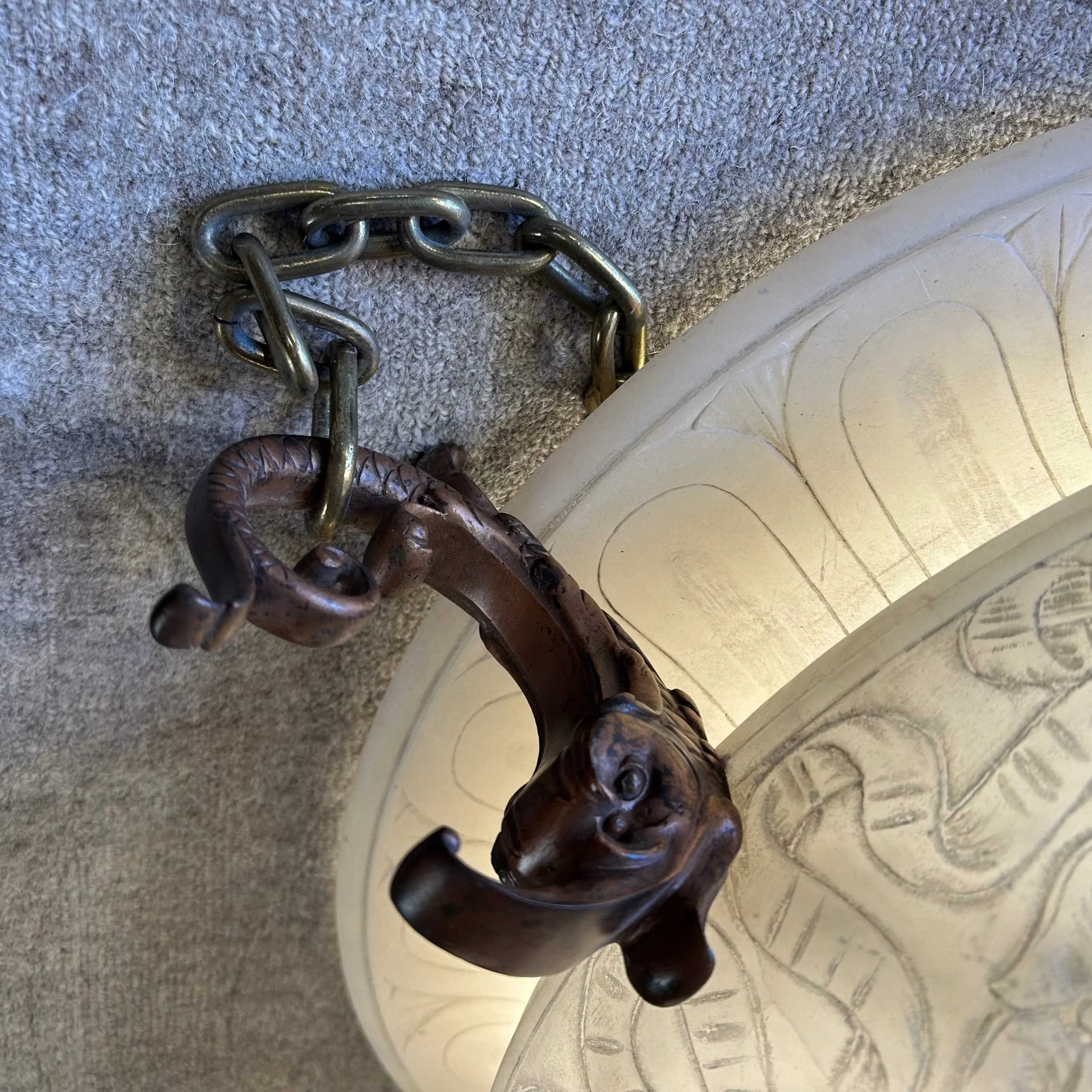 Chandelier, White Marble, Hand Carved Detail, Bronze Brackets, Three Brass Chain