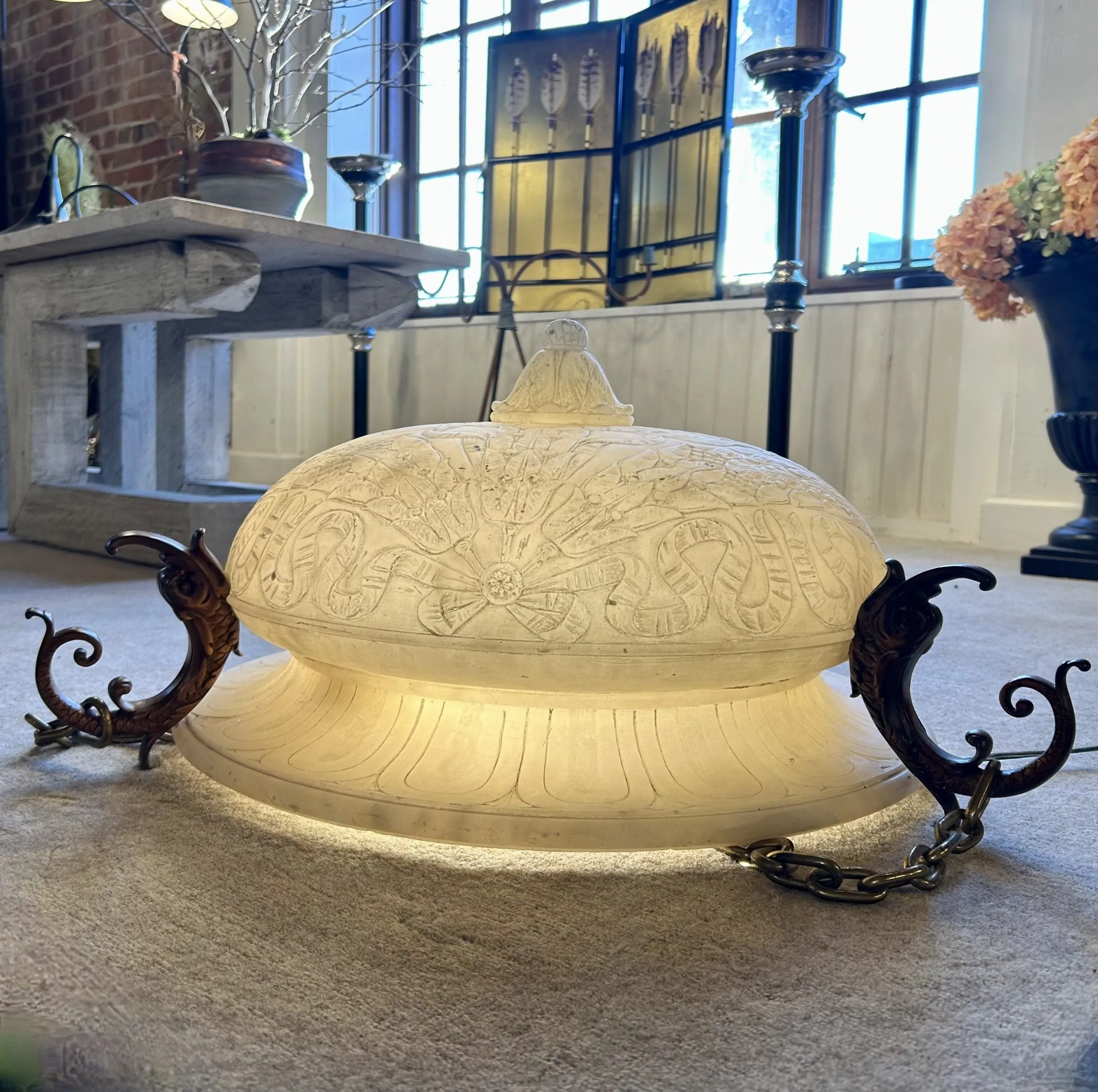Chandelier, White Marble, Hand Carved Detail, Bronze Brackets, Three Brass Chain