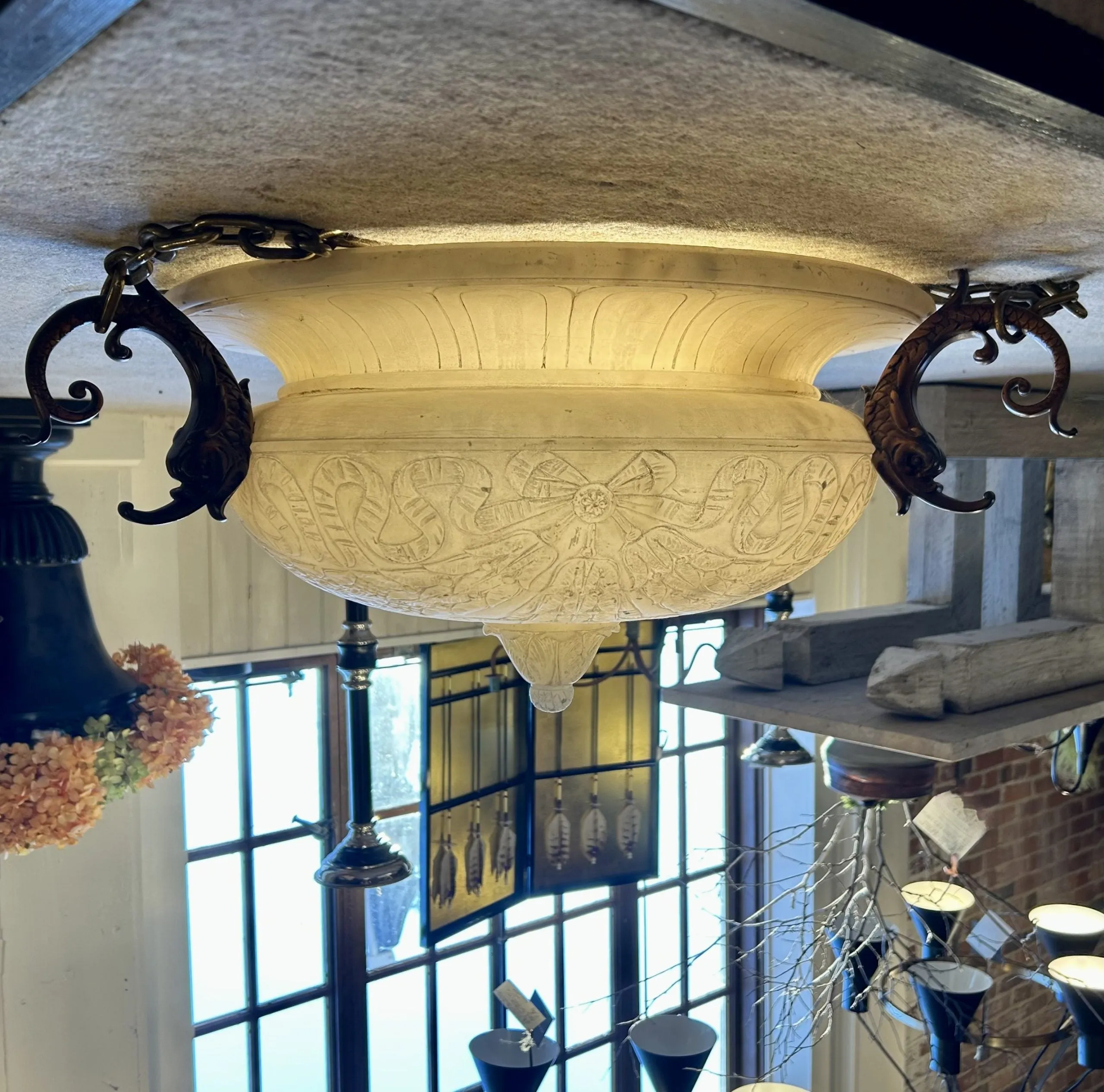 Chandelier, White Marble, Hand Carved Detail, Bronze Brackets, Three Brass Chain