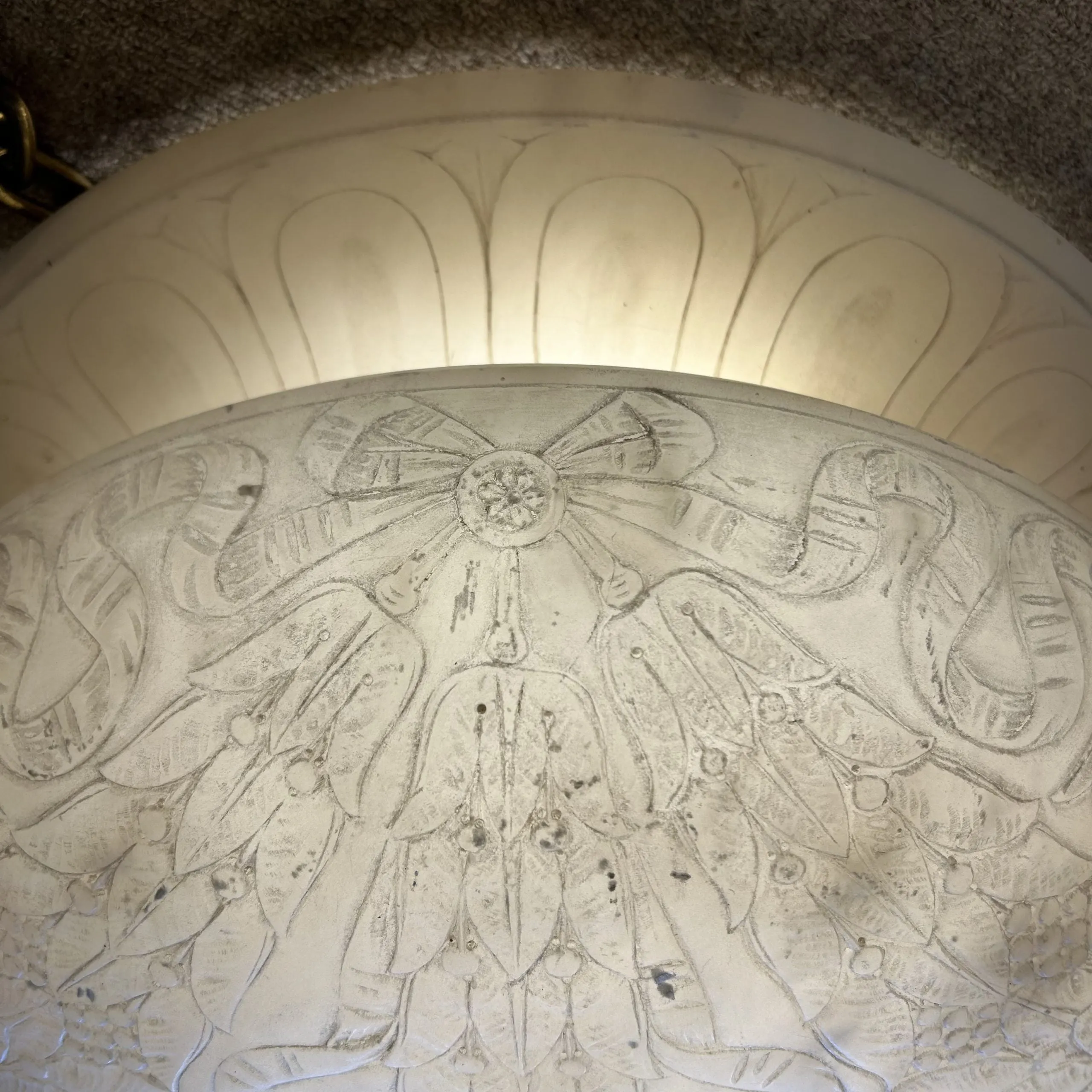 Chandelier, White Marble, Hand Carved Detail, Bronze Brackets, Three Brass Chain