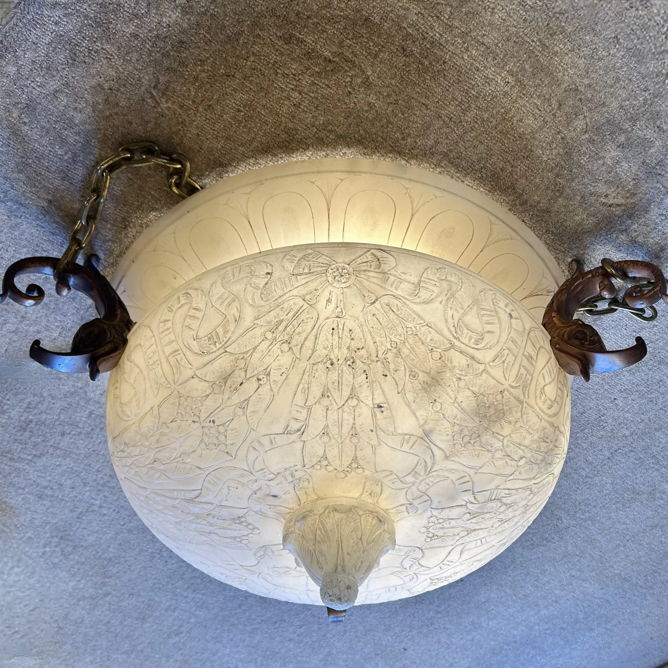 Chandelier, White Marble, Hand Carved Detail, Bronze Brackets, Three Brass Chain