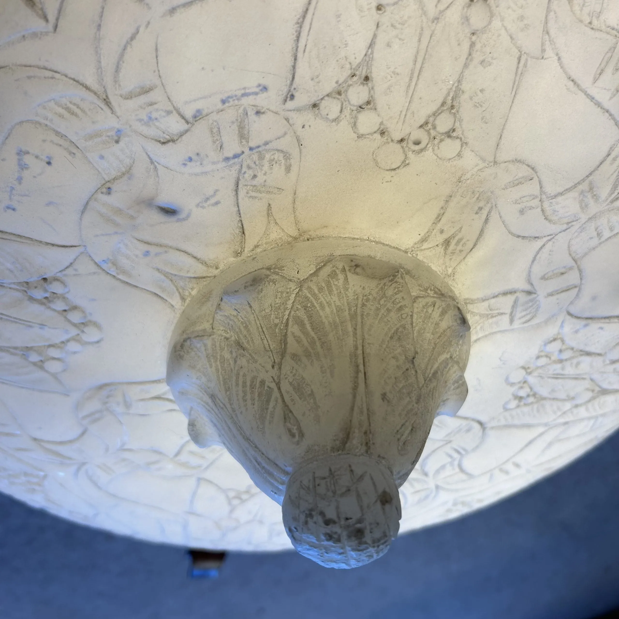 Chandelier, White Marble, Hand Carved Detail, Bronze Brackets, Three Brass Chain