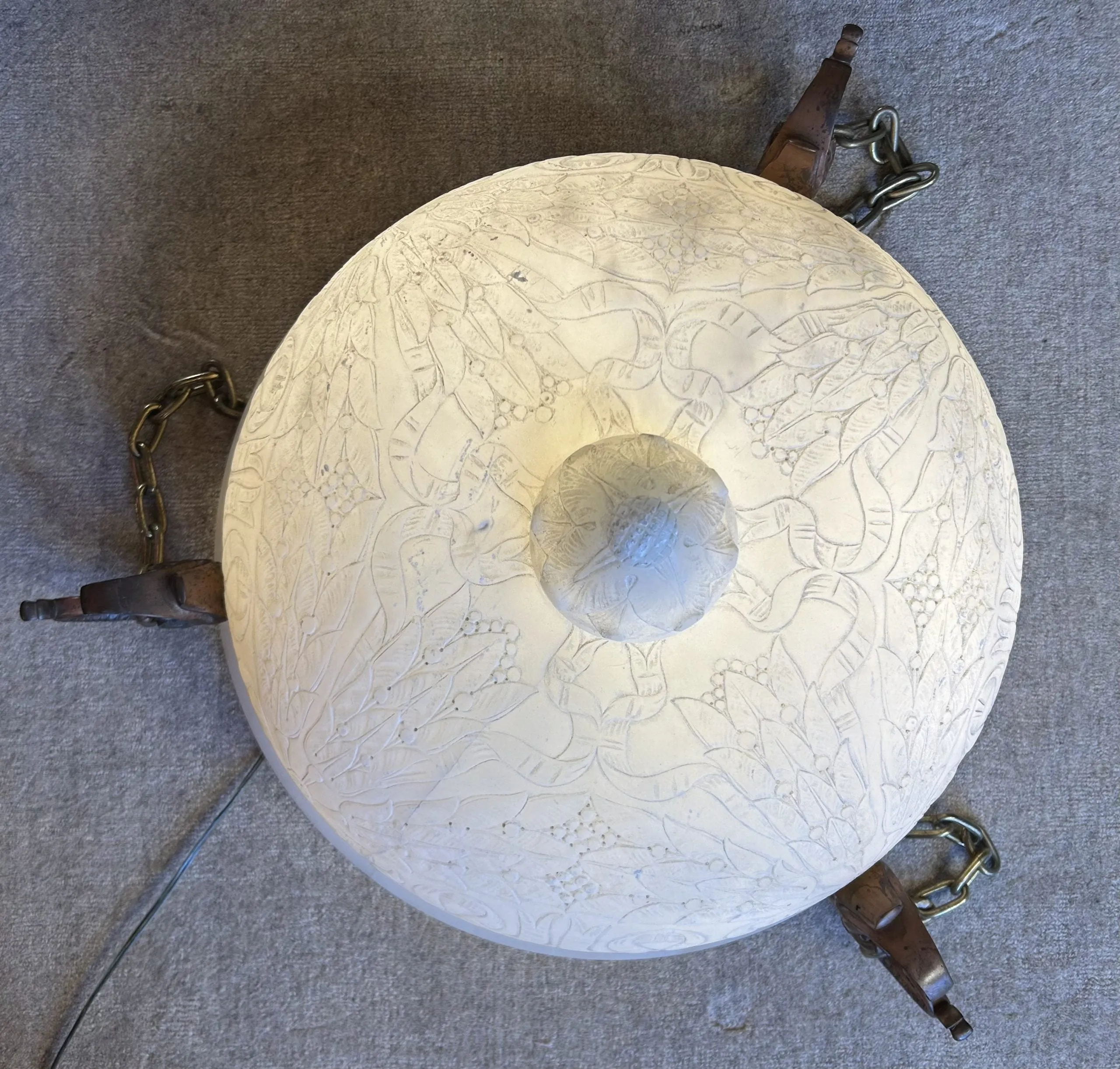 Chandelier, White Marble, Hand Carved Detail, Bronze Brackets, Three Brass Chain
