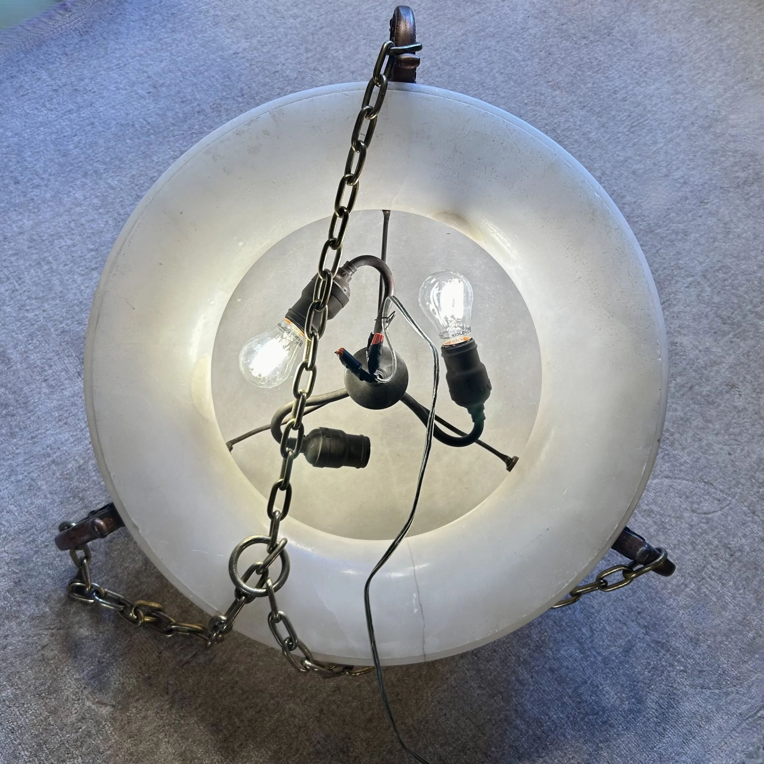 Chandelier, White Marble, Hand Carved Detail, Bronze Brackets, Three Brass Chain