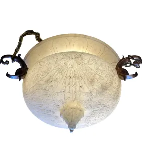 Chandelier, White Marble, Hand Carved Detail, Bronze Brackets, Three Brass Chain
