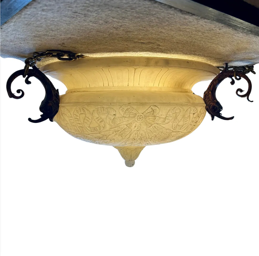 Chandelier, White Marble, Hand Carved Detail, Bronze Brackets, Three Brass Chain