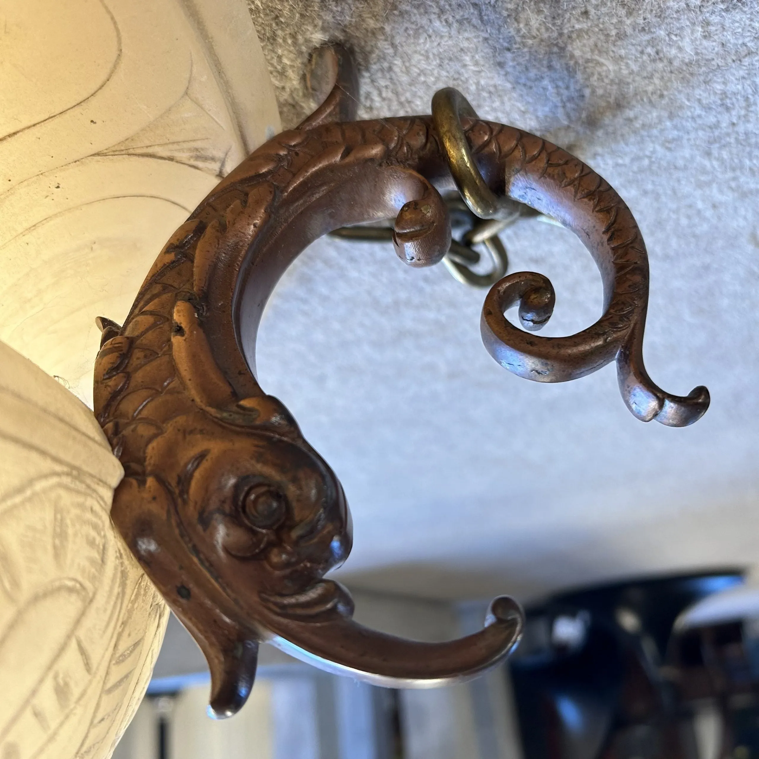 Chandelier, White Marble, Hand Carved Detail, Bronze Brackets, Three Brass Chain