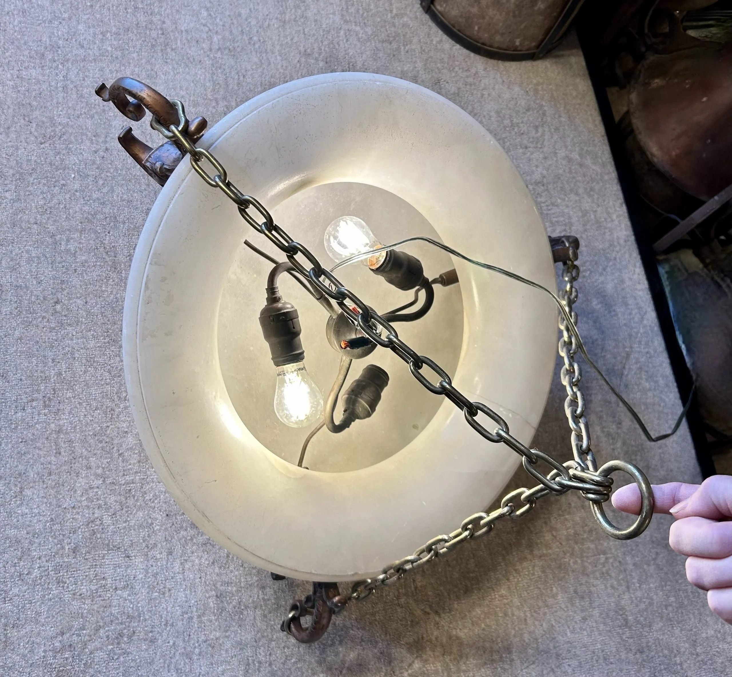 Chandelier, White Marble, Hand Carved Detail, Bronze Brackets, Three Brass Chain
