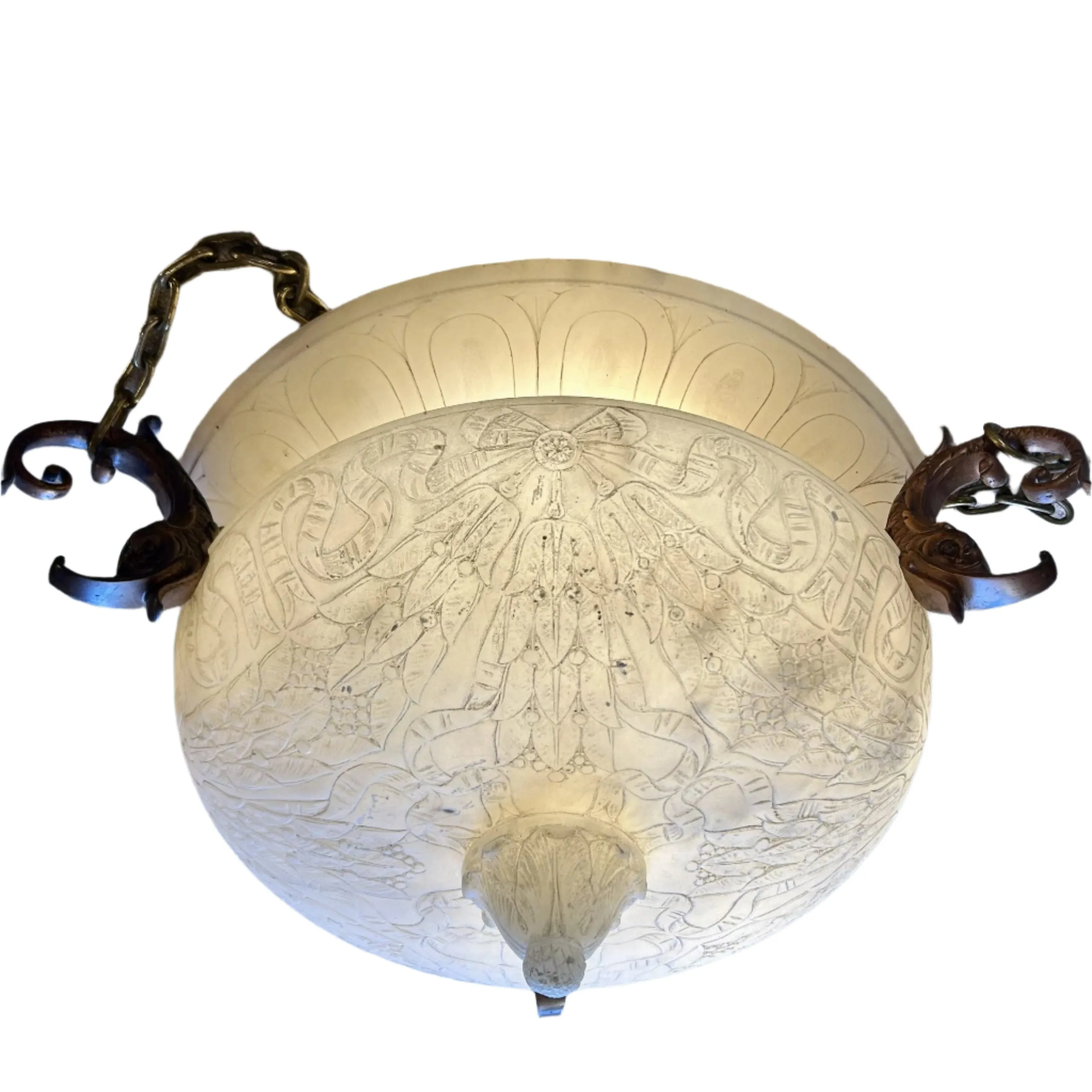 Chandelier, White Marble, Hand Carved Detail, Bronze Brackets, Three Brass Chain