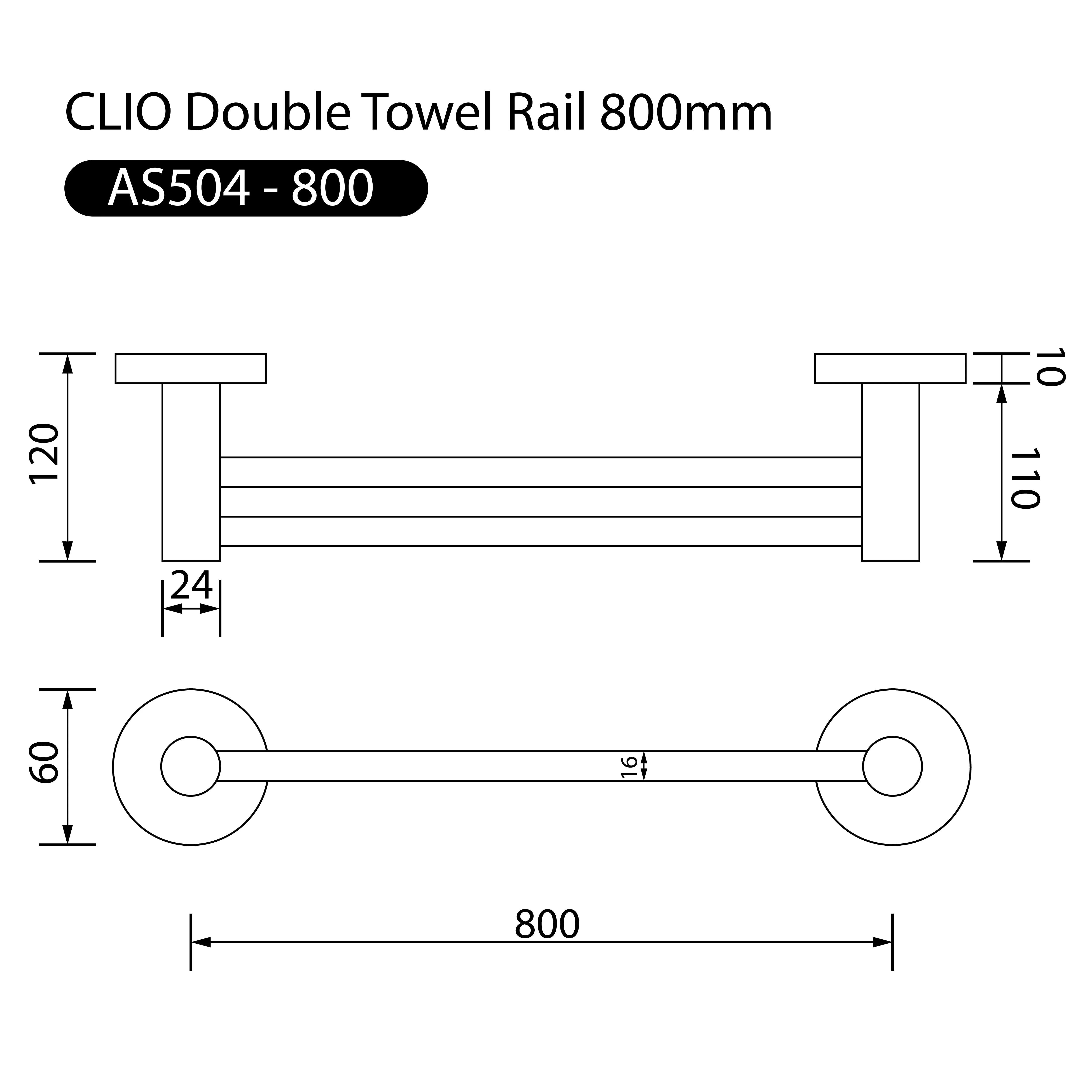 Clio Double Towel Rail 800mm Brushed Gold