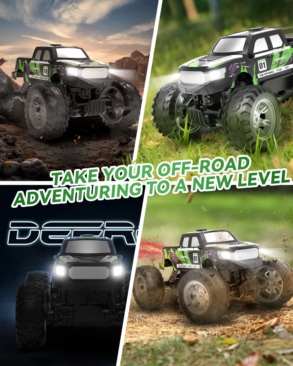 DEERC DE44 Remote Control Monster Truck w/ Fog Mist Dual Motors Off Road RC Car