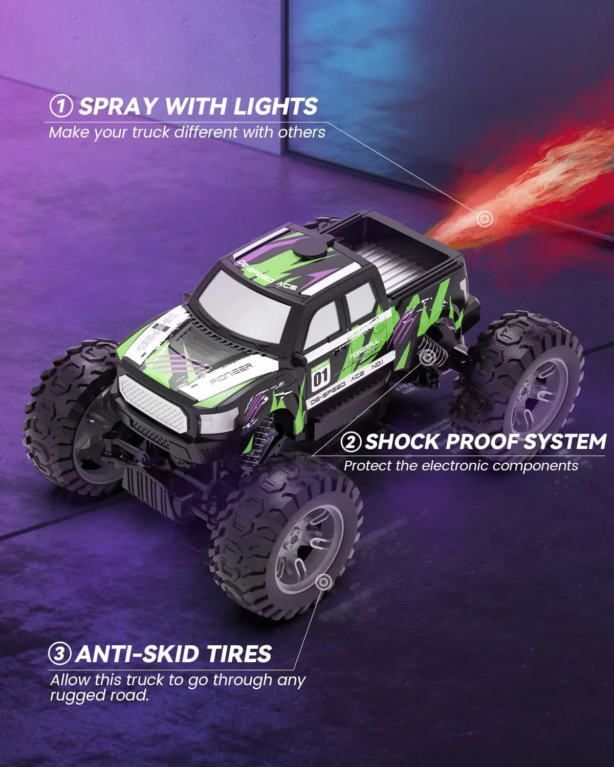 DEERC DE44 Remote Control Monster Truck w/ Fog Mist Dual Motors Off Road RC Car