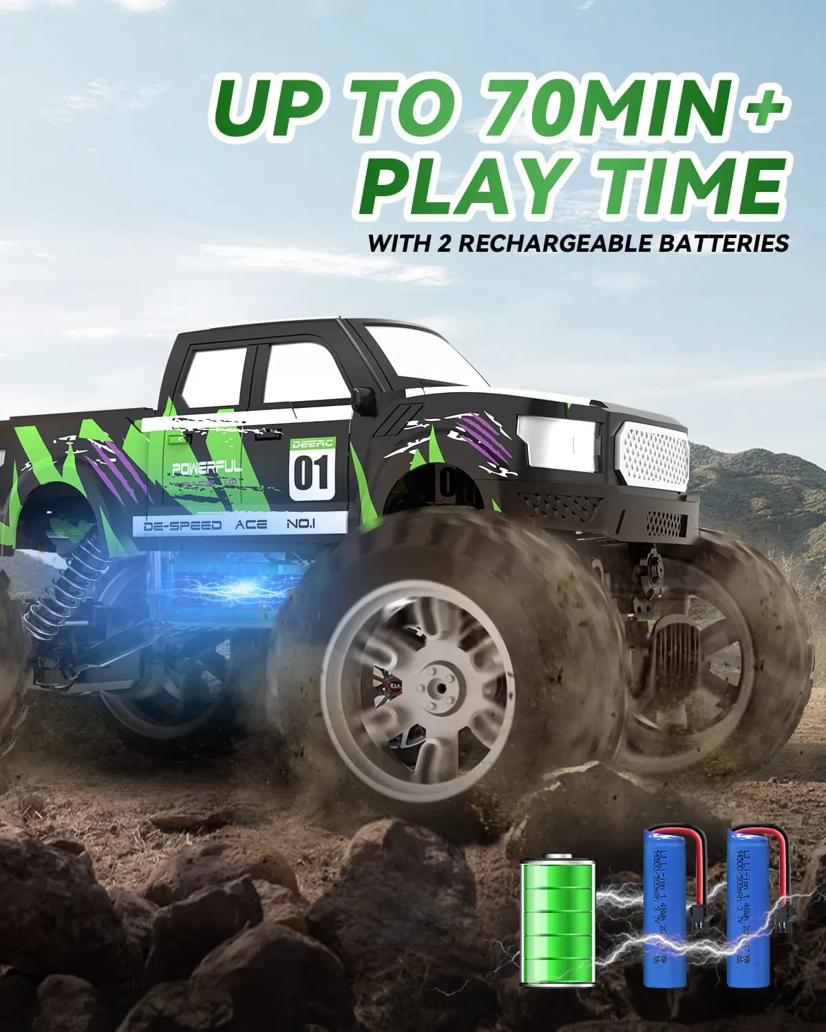 DEERC DE44 Remote Control Monster Truck w/ Fog Mist Dual Motors Off Road RC Car