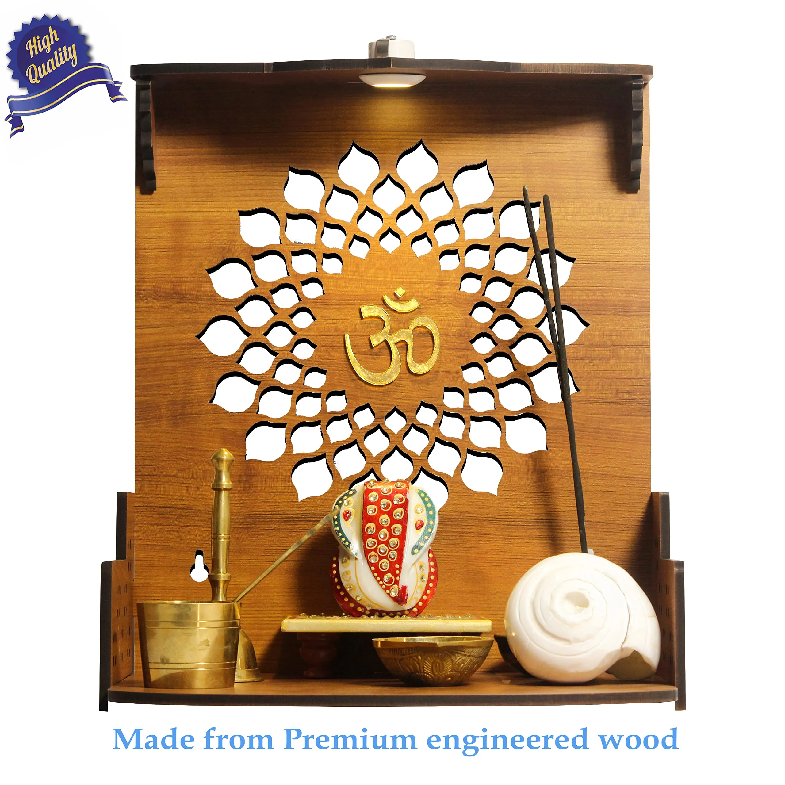 Heartily Aura Beautiful Wooden Pooja Stand Mandir for Home Temple for Office Puja Mandir for Home Wall with LED Spot Light Product (Height- 12, Depth- 8.6, Width-10.5 Inch) (Brown)