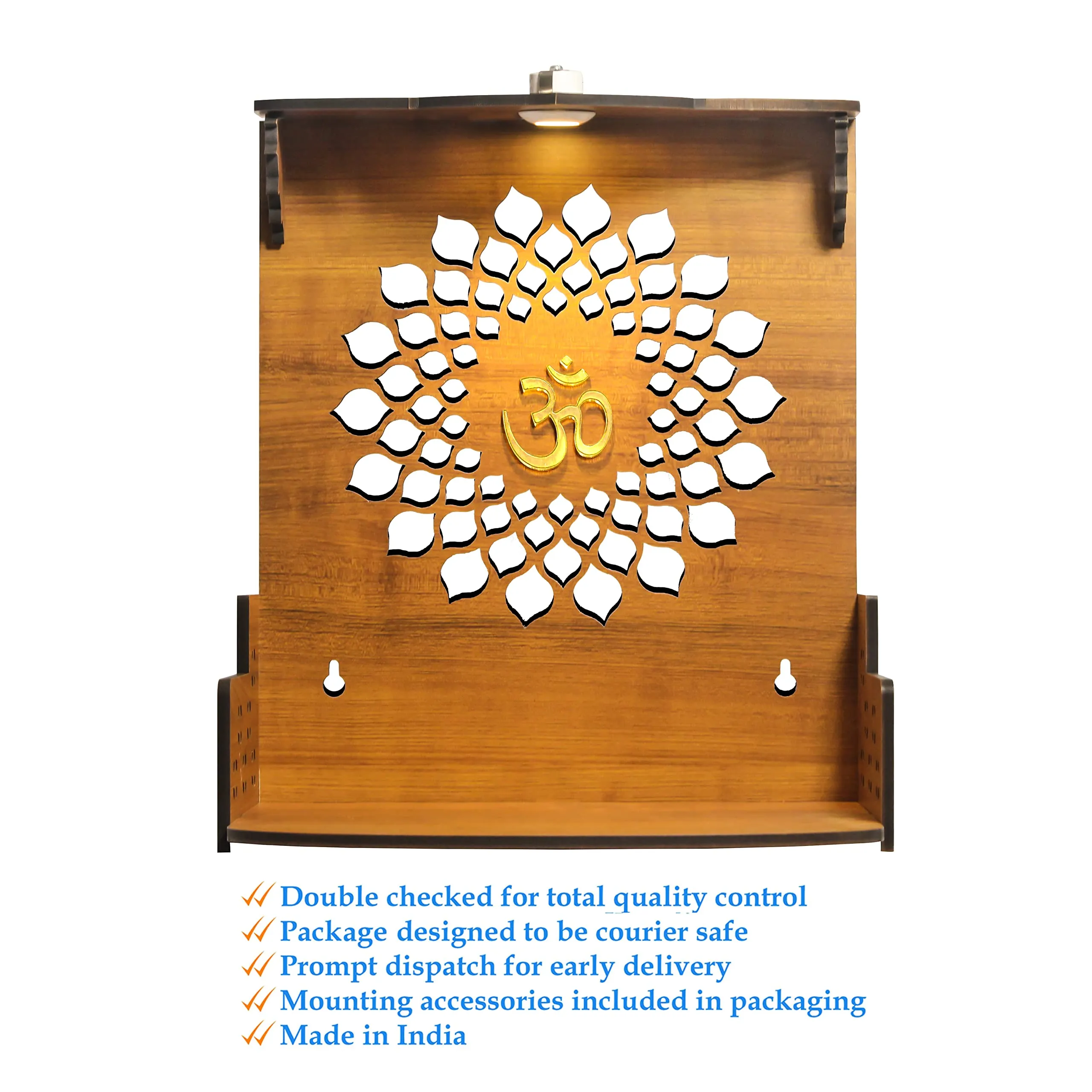 Heartily Aura Beautiful Wooden Pooja Stand Mandir for Home Temple for Office Puja Mandir for Home Wall with LED Spot Light Product (Height- 12, Depth- 8.6, Width-10.5 Inch) (Brown)