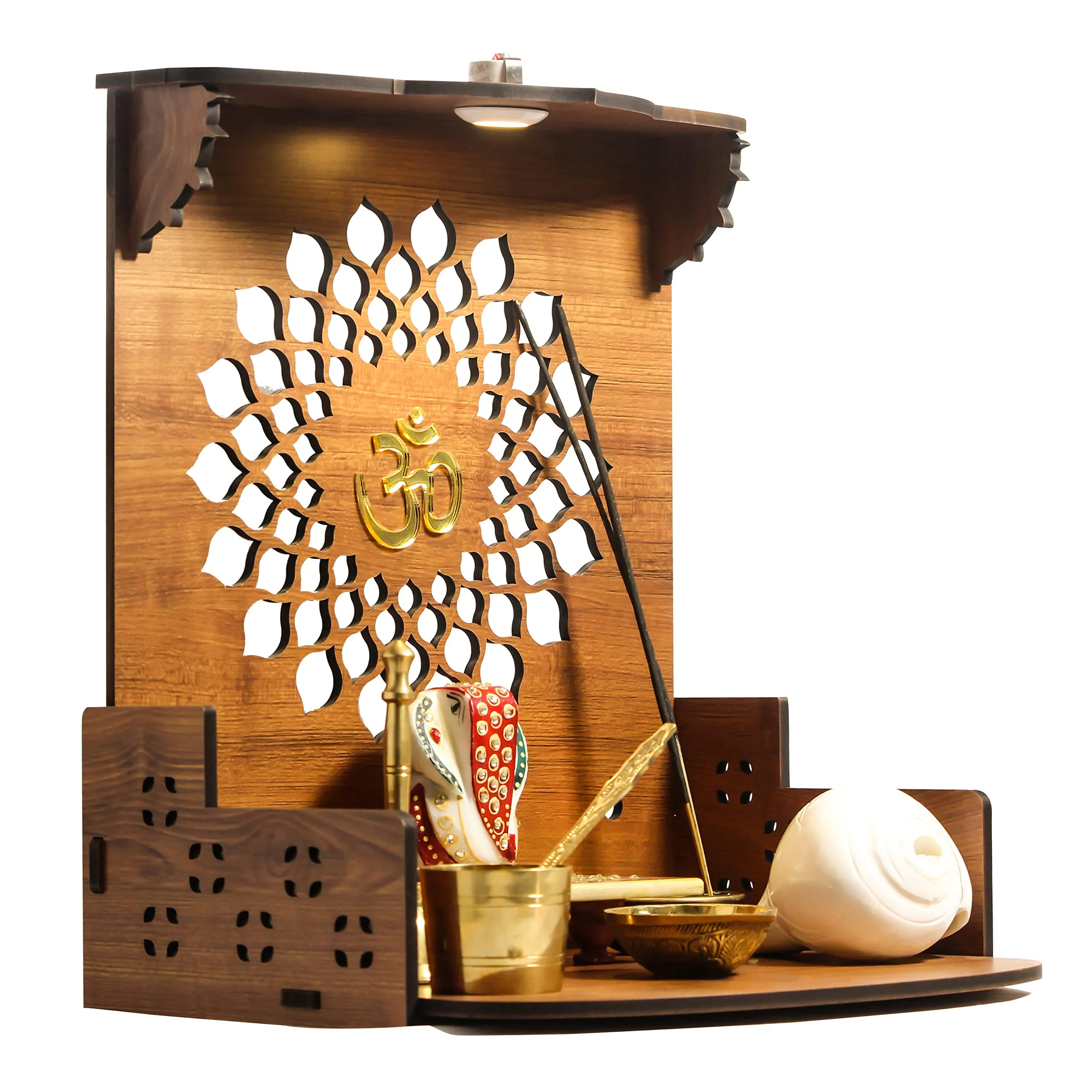 Heartily Aura Beautiful Wooden Pooja Stand Mandir for Home Temple for Office Puja Mandir for Home Wall with LED Spot Light Product (Height- 12, Depth- 8.6, Width-10.5 Inch) (Brown)