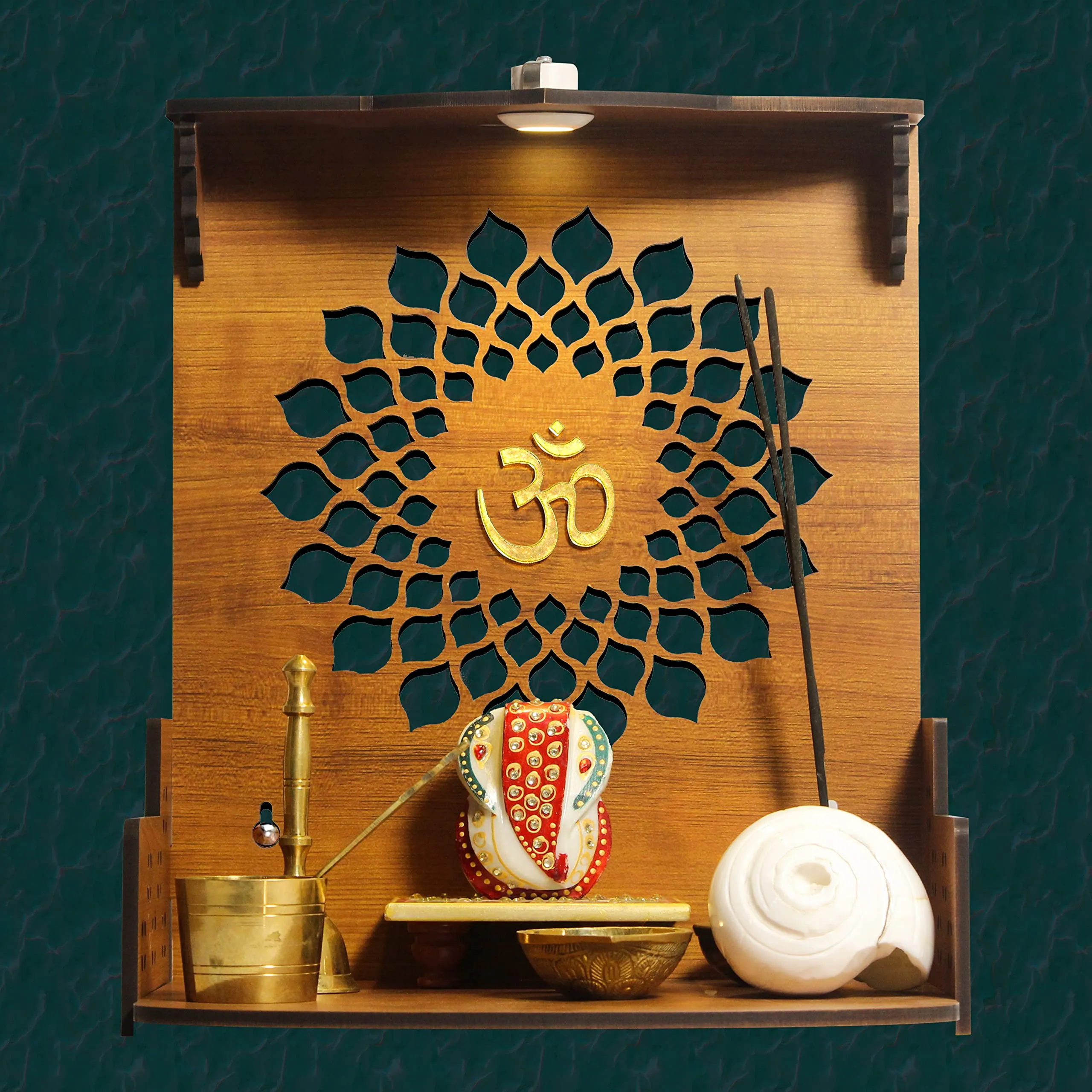 Heartily Aura Beautiful Wooden Pooja Stand Mandir for Home Temple for Office Puja Mandir for Home Wall with LED Spot Light Product (Height- 12, Depth- 8.6, Width-10.5 Inch) (Brown)