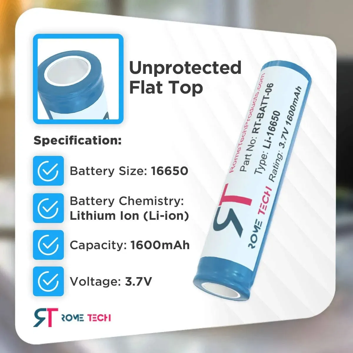 ICR 16650 3.7V 1600mAh Flat Top Rechargeable Battery - Unprotected Lithium Ion (Li-ion) Battery for Flashlights Torches and Other Devices