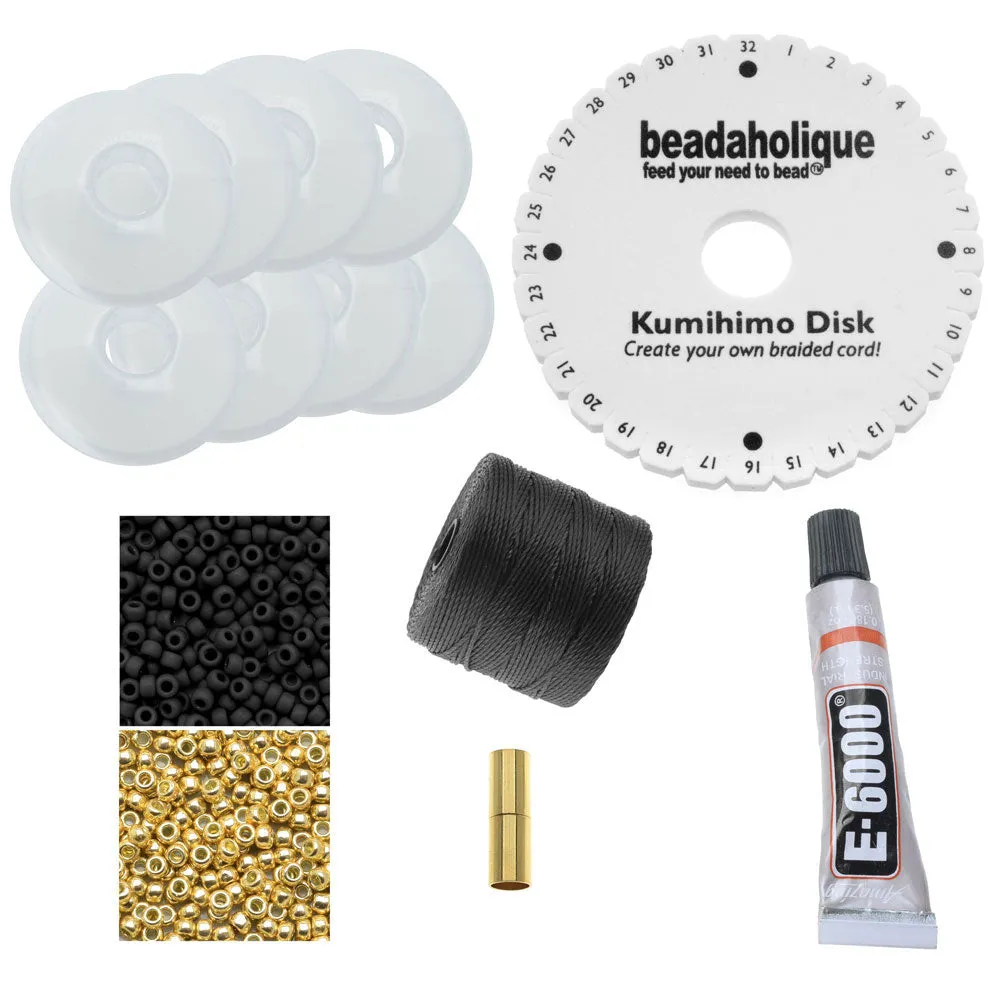 Long Beaded Kumihimo Necklace - Black & Gold - Exclusive Beadaholique Jewelry Kit