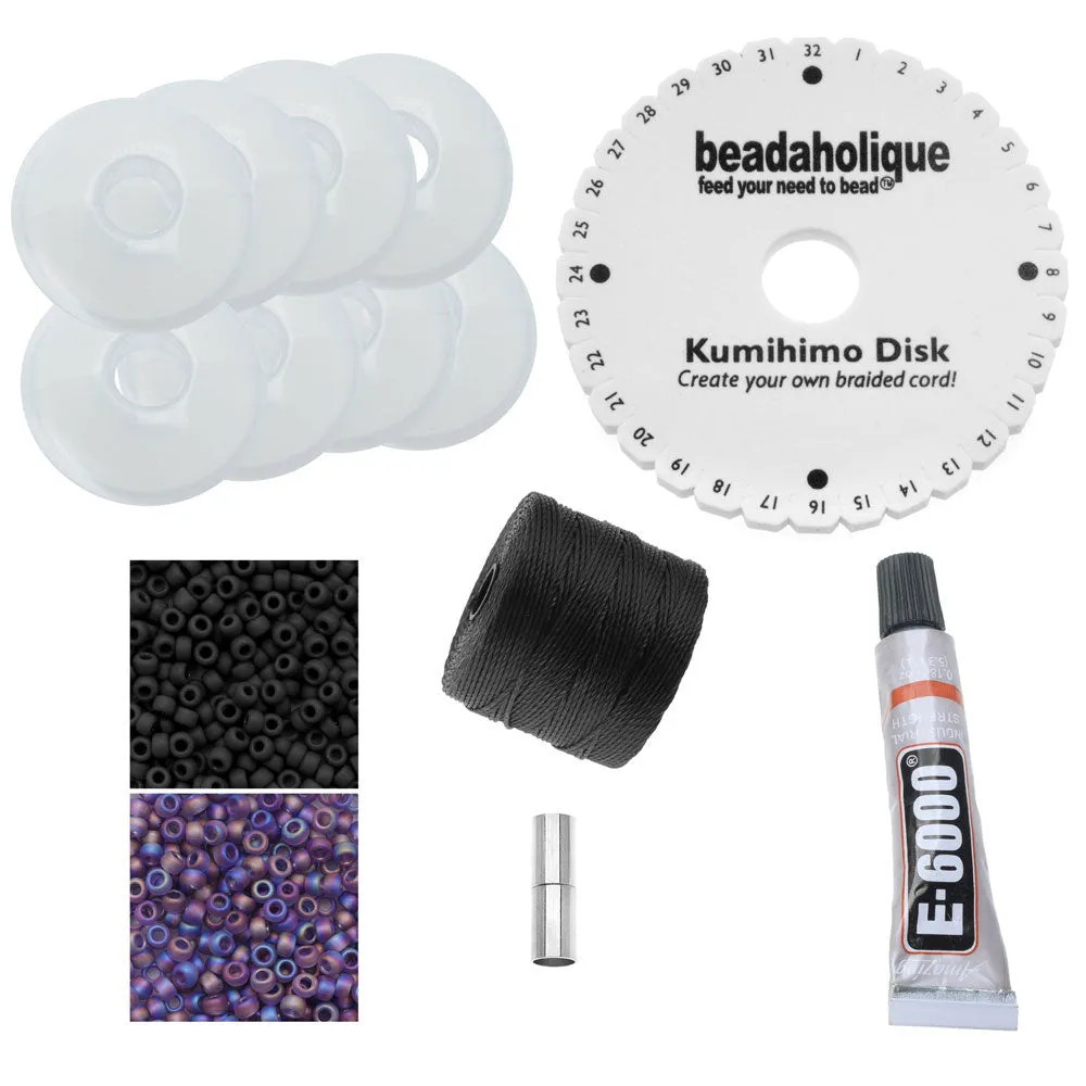 Long Beaded Kumihimo Necklace - Black & Rainbow Purple - Exclusive Beadaholique Jewelry Kit