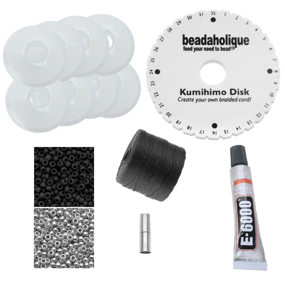Long Beaded Kumihimo Necklace - Black & Silver - Exclusive Beadaholique Jewelry Kit