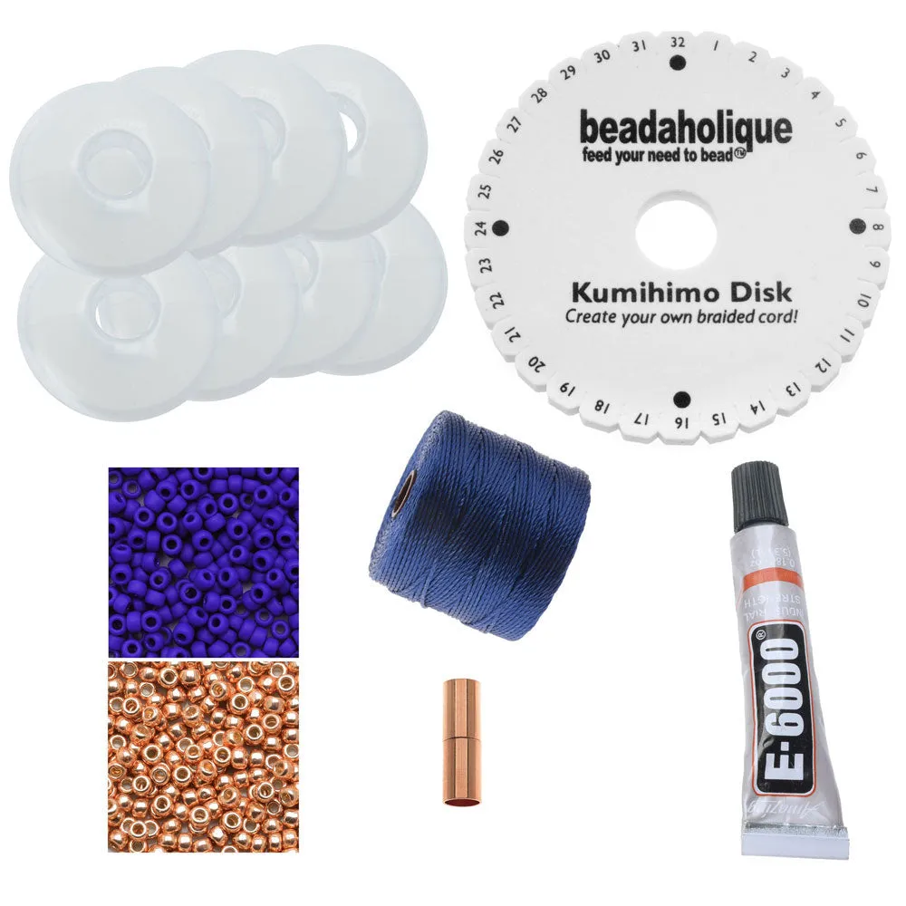 Long Beaded Kumihimo Necklace - Blue & Rose Gold - Exclusive Beadaholique Jewelry Kit