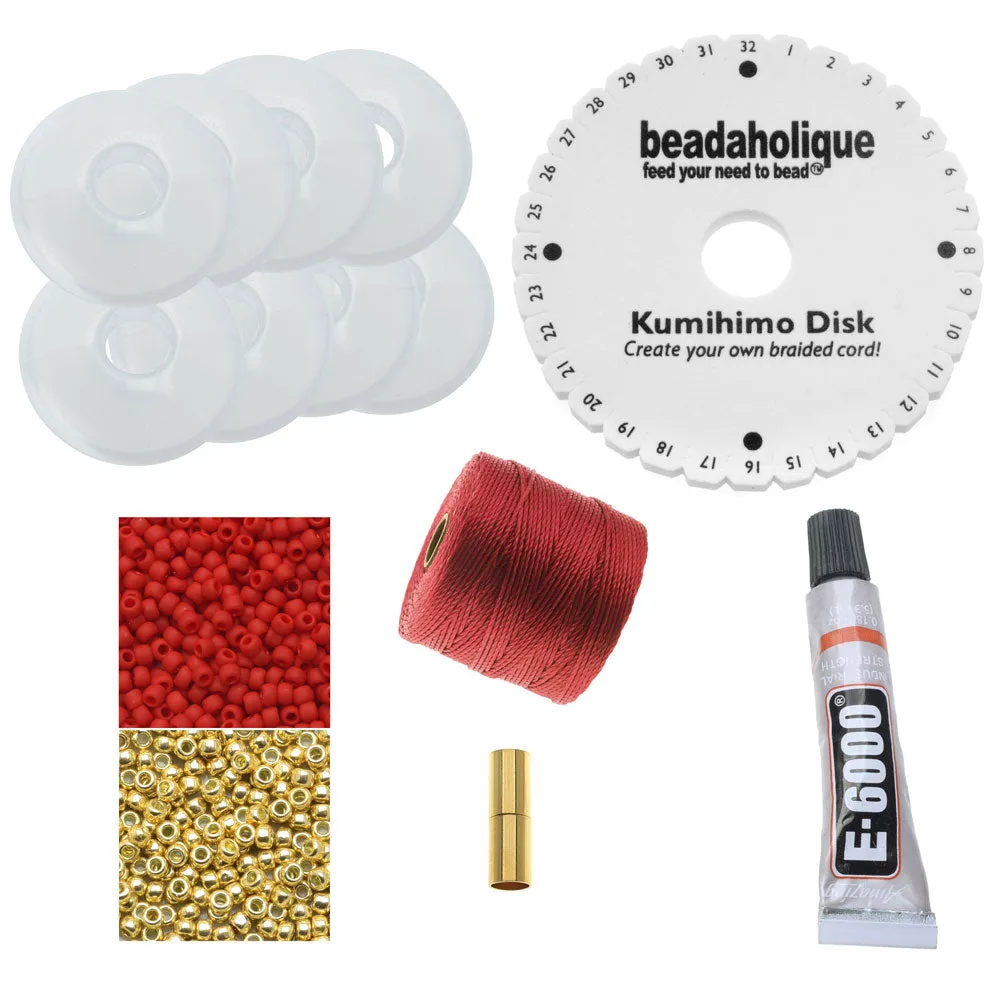 Long Beaded Kumihimo Necklace - Red and Gold - Exclusive Beadaholique Jewelry Kit