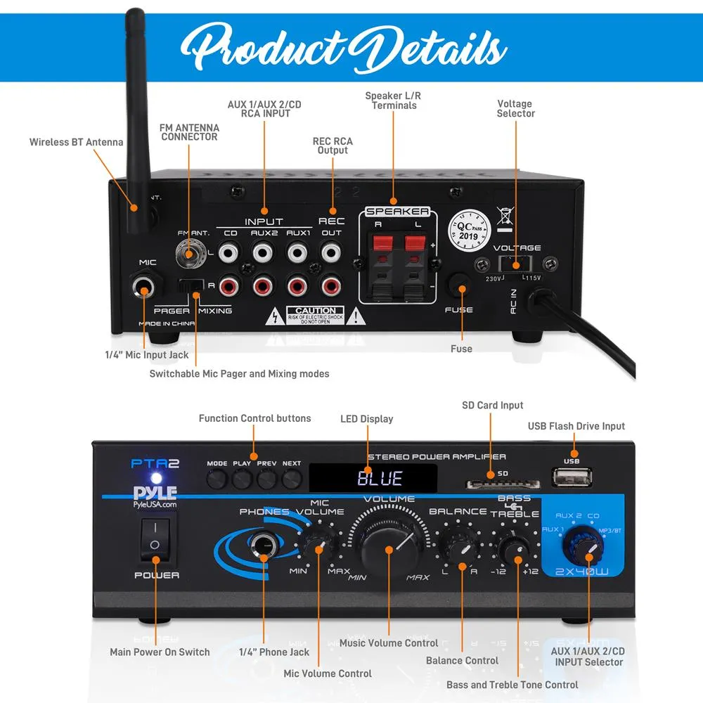 Mini Stereo Power Amplifier W/ Usb/Sd/Fm/Bluetooth - 2 X 40 Watt With Aux, Cd & Mic Inputs