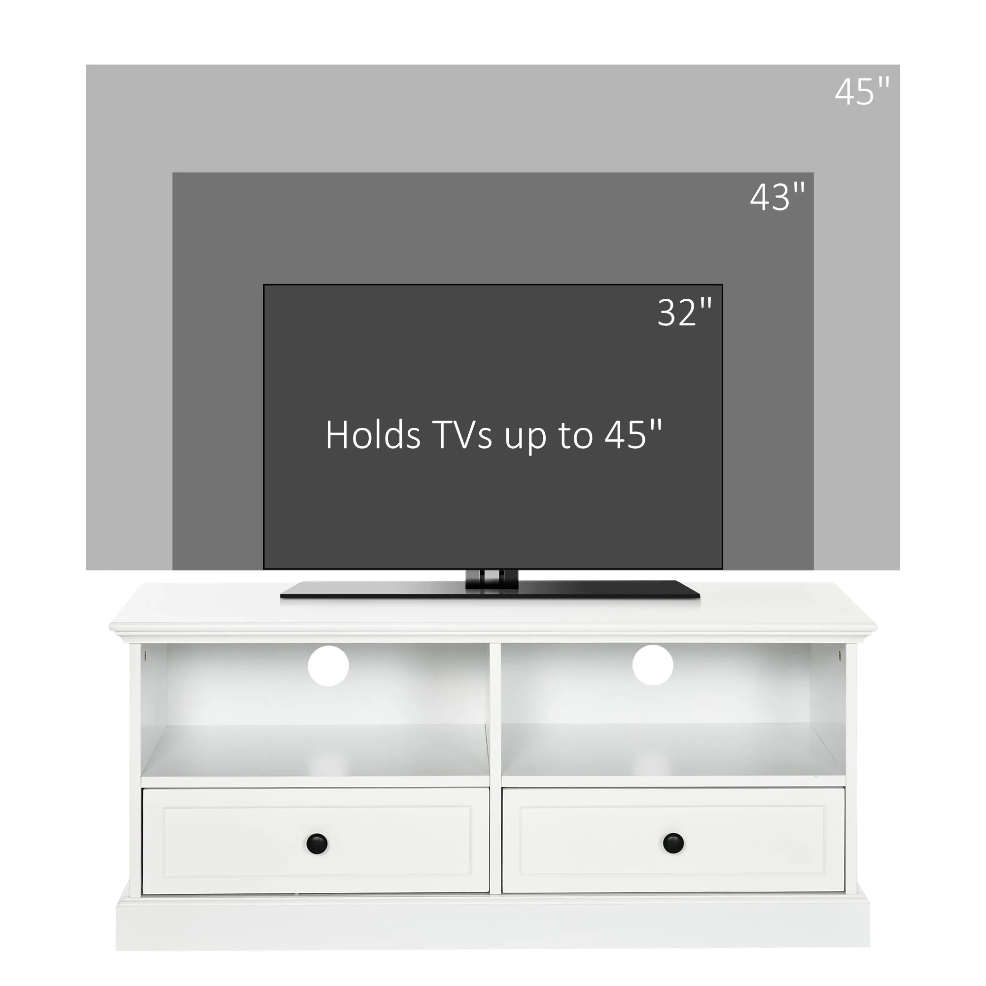 Modern TV Unit Cabinet for TVs up to 45 Inches, TV Stand with Drawers, Open Shelves, Cable Holes for Living Room, White