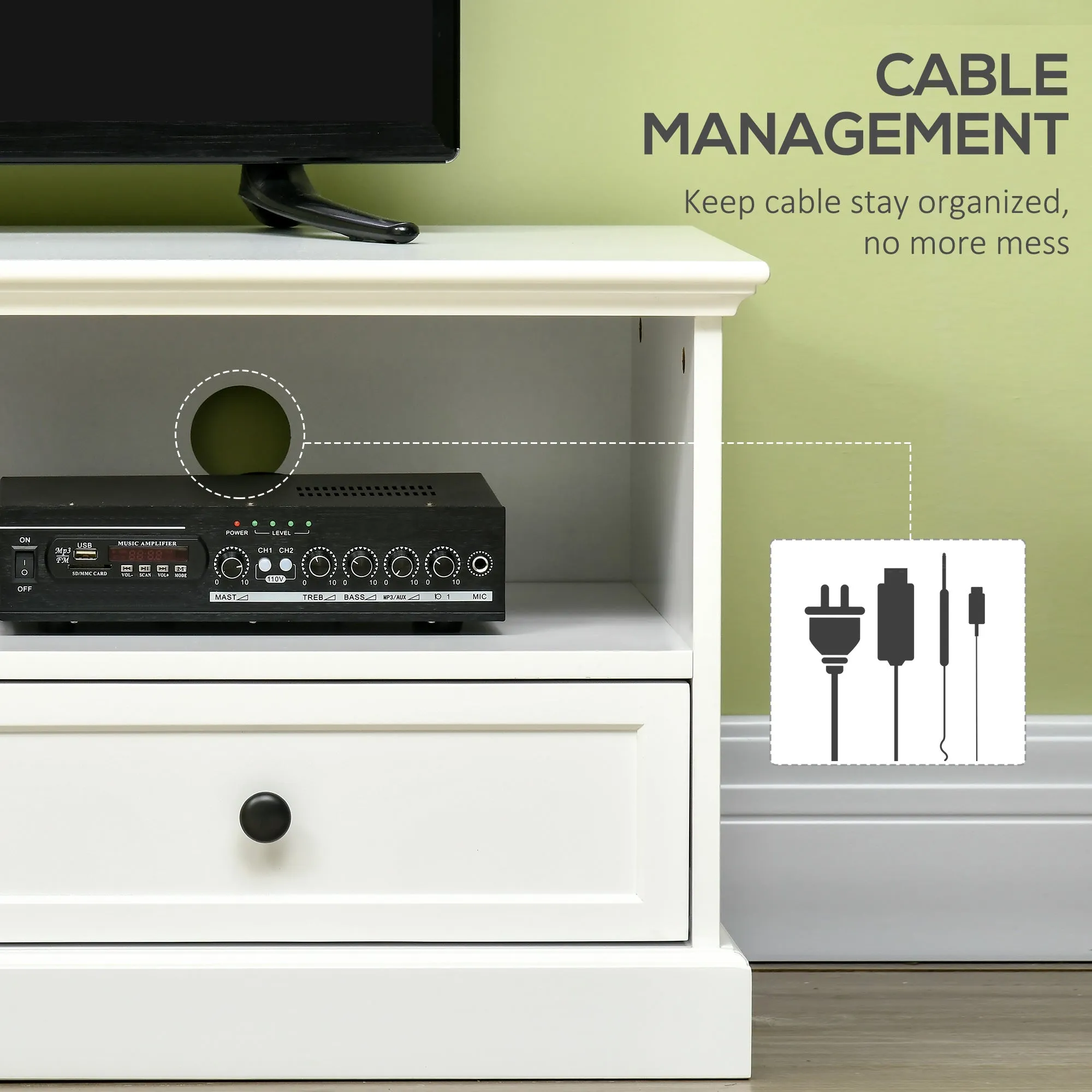 Modern TV Unit Cabinet for TVs up to 45 Inches, TV Stand with Drawers, Open Shelves, Cable Holes for Living Room, White