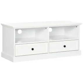 Modern TV Unit Cabinet for TVs up to 45 Inches, TV Stand with Drawers, Open Shelves, Cable Holes for Living Room, White
