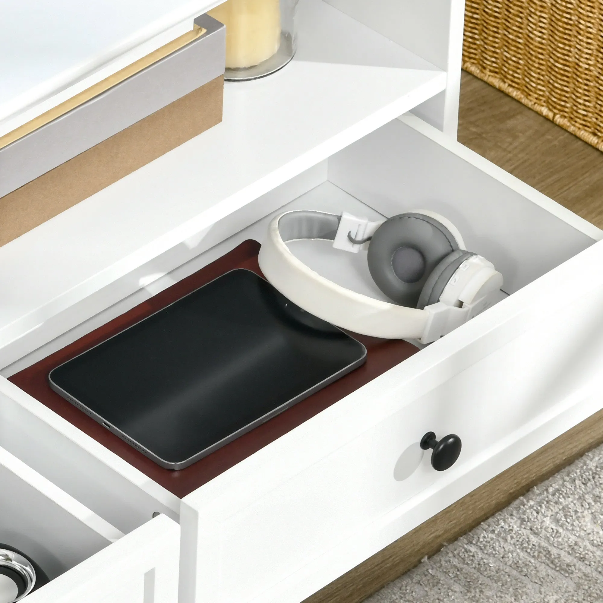 Modern TV Unit Cabinet for TVs up to 45 Inches, TV Stand with Drawers, Open Shelves, Cable Holes for Living Room, White