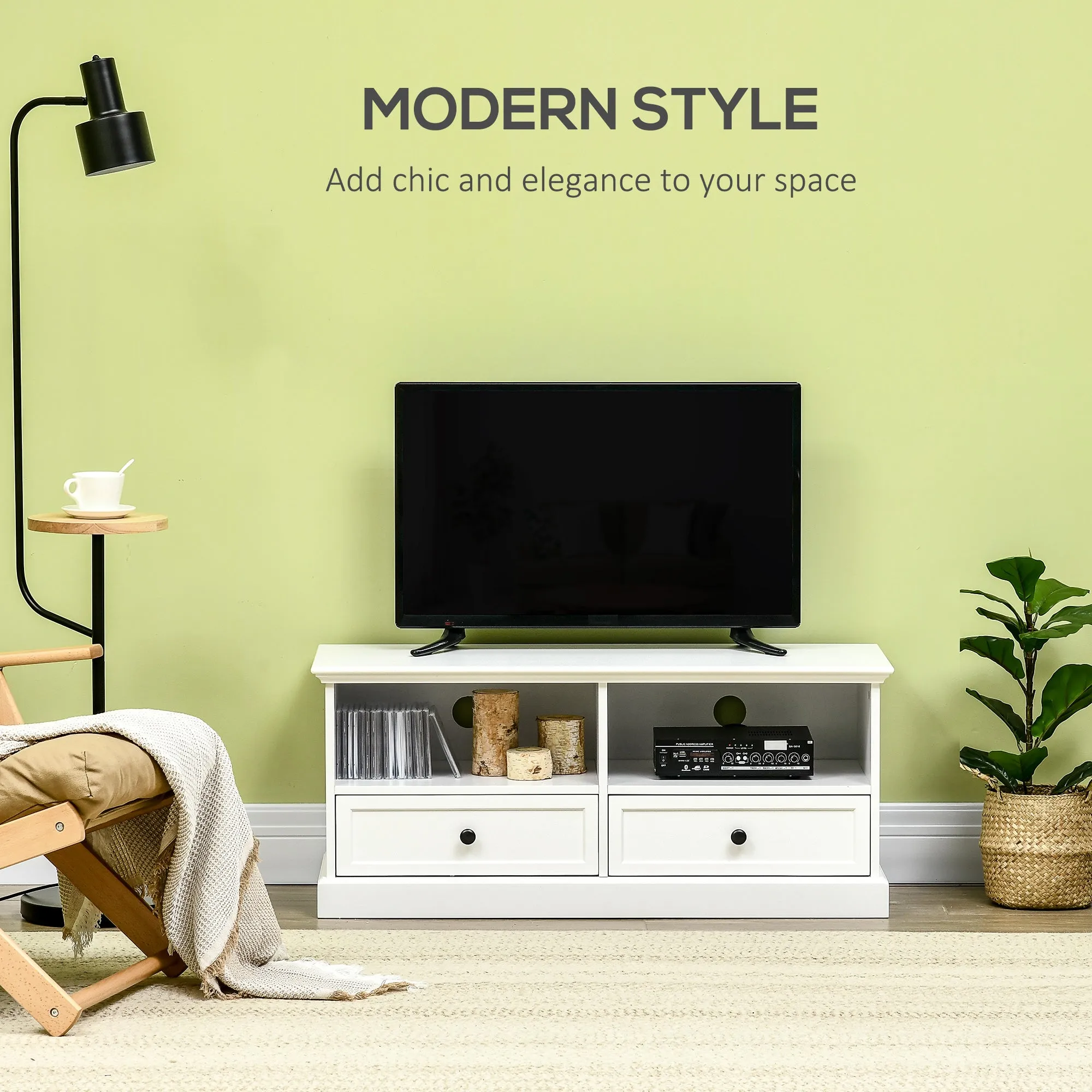 Modern TV Unit Cabinet for TVs up to 45 Inches, TV Stand with Drawers, Open Shelves, Cable Holes for Living Room, White