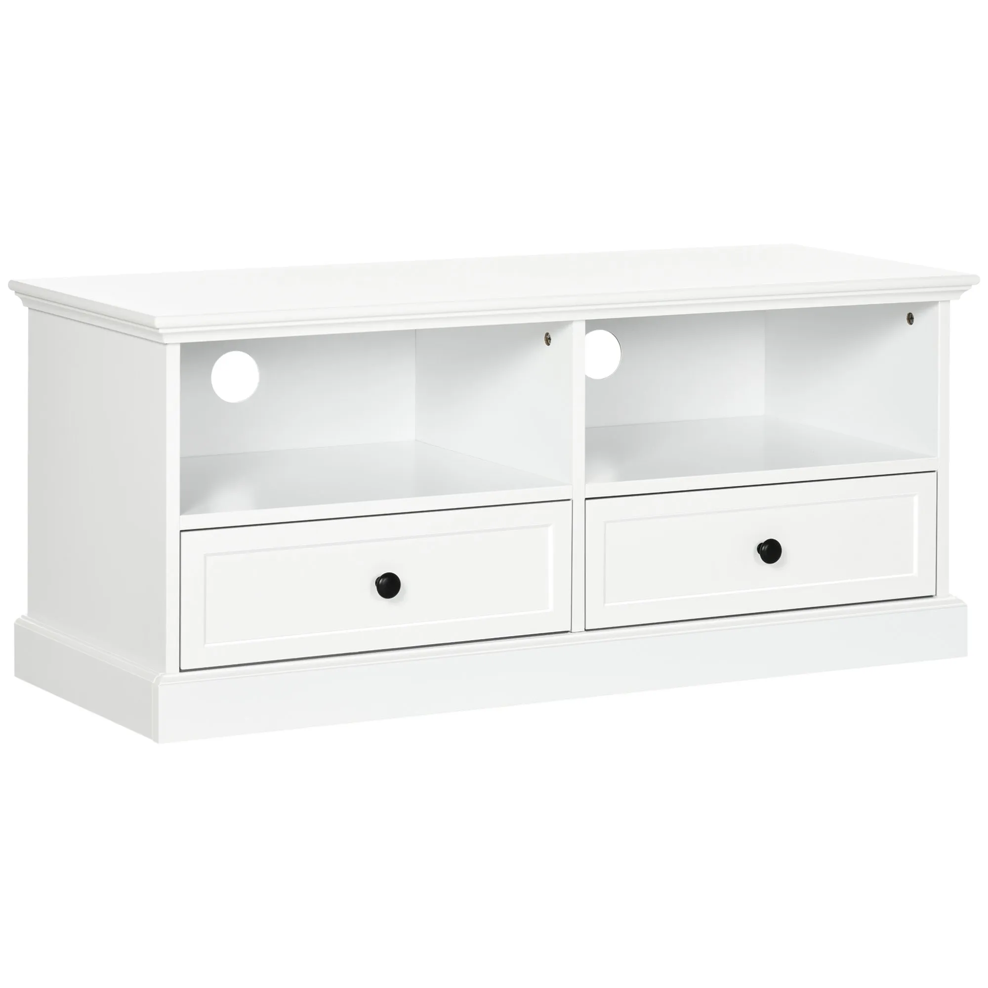 Modern TV Unit Cabinet for TVs up to 45 Inches, TV Stand with Drawers, Open Shelves, Cable Holes for Living Room, White