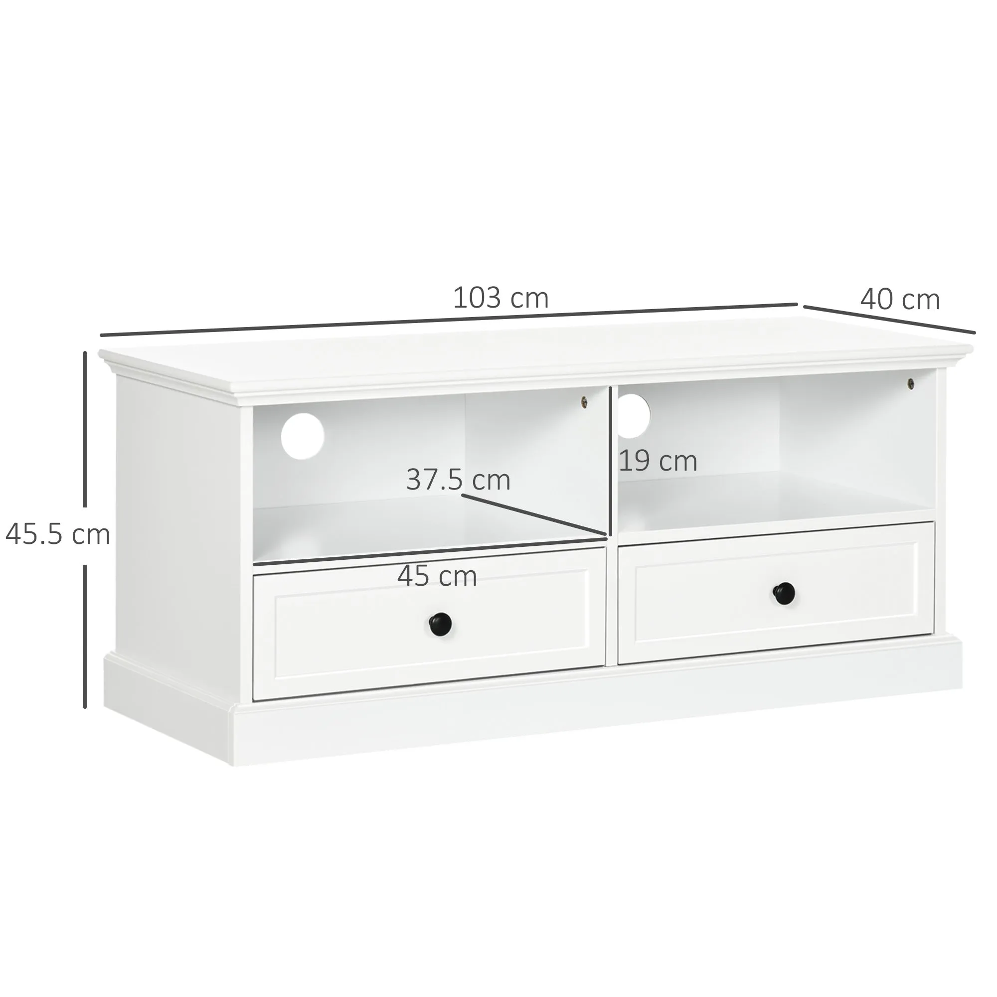 Modern TV Unit Cabinet for TVs up to 45 Inches, TV Stand with Drawers, Open Shelves, Cable Holes for Living Room, White