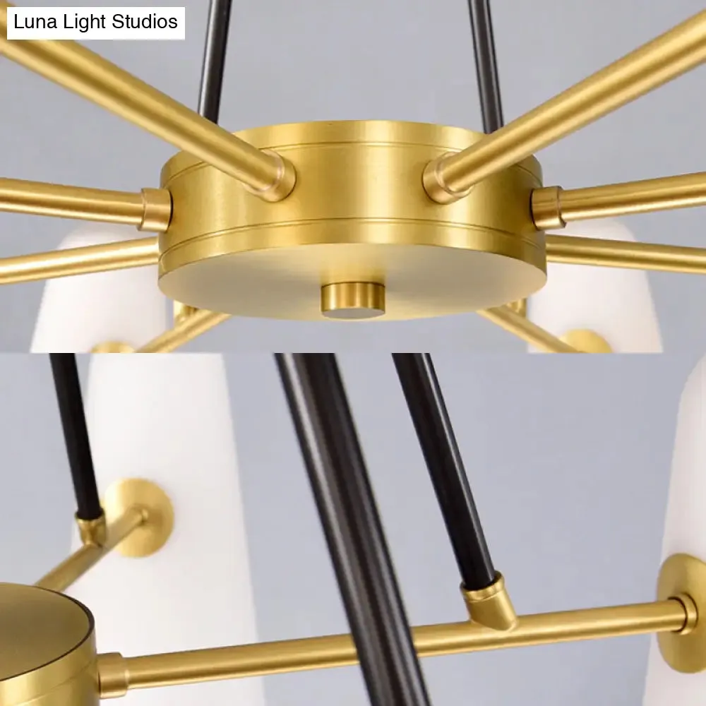 Opal Glass Hanging Lamp: Postmodern Cone Design, 6 Lights, Gold Chandelier