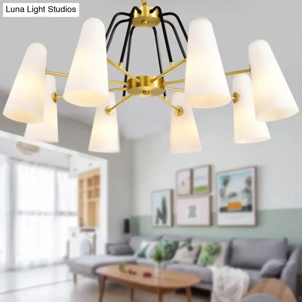 Opal Glass Hanging Lamp: Postmodern Cone Design, 6 Lights, Gold Chandelier
