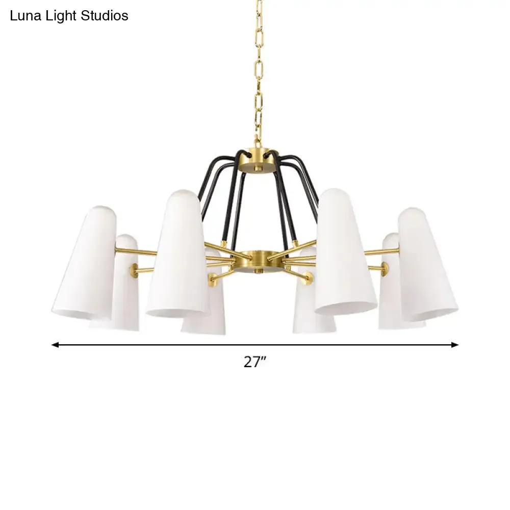 Opal Glass Hanging Lamp: Postmodern Cone Design, 6 Lights, Gold Chandelier