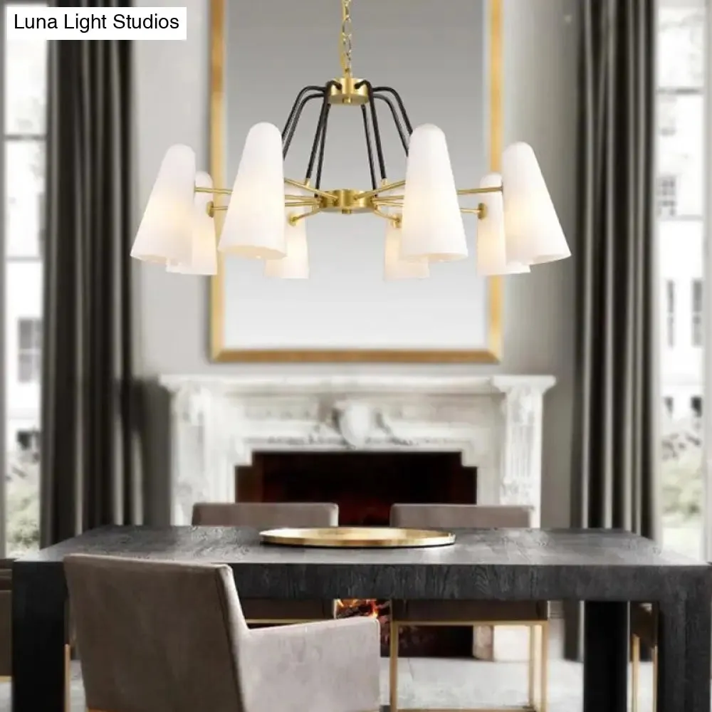 Opal Glass Hanging Lamp: Postmodern Cone Design, 6 Lights, Gold Chandelier