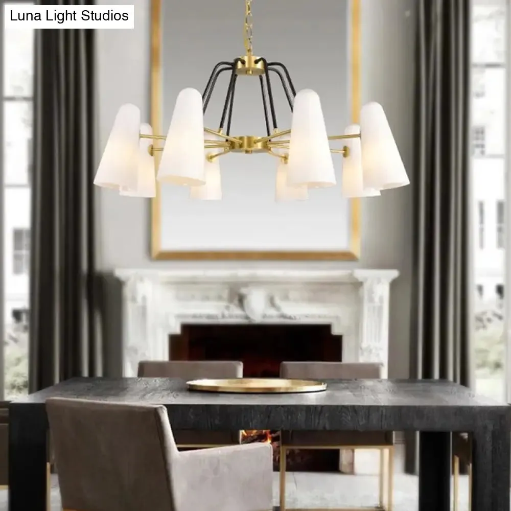 Opal Glass Hanging Lamp: Postmodern Cone Design, 6 Lights, Gold Chandelier