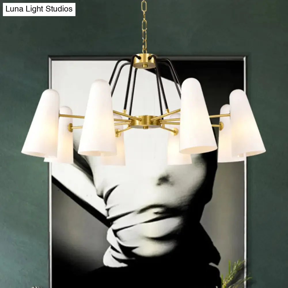 Opal Glass Hanging Lamp: Postmodern Cone Design, 6 Lights, Gold Chandelier
