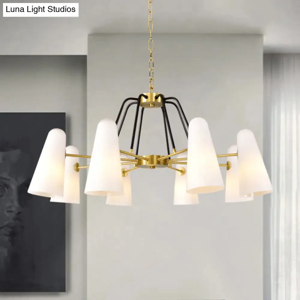 Opal Glass Hanging Lamp: Postmodern Cone Design, 6 Lights, Gold Chandelier